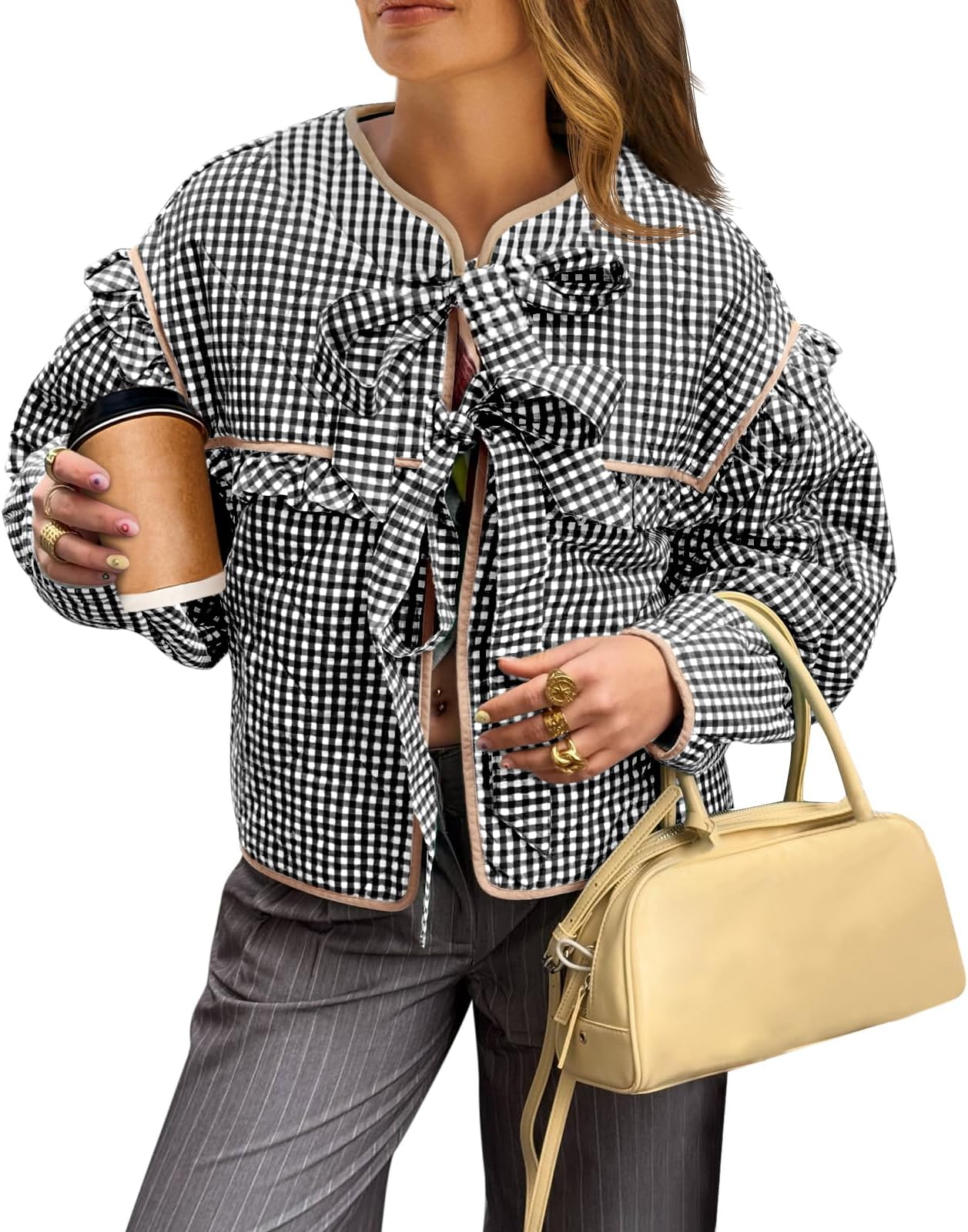Womens Plaid Quilted Jackets Tie Front Lightweight Cropped Jacket Ruffled Puffer Padded Coat with Pockets