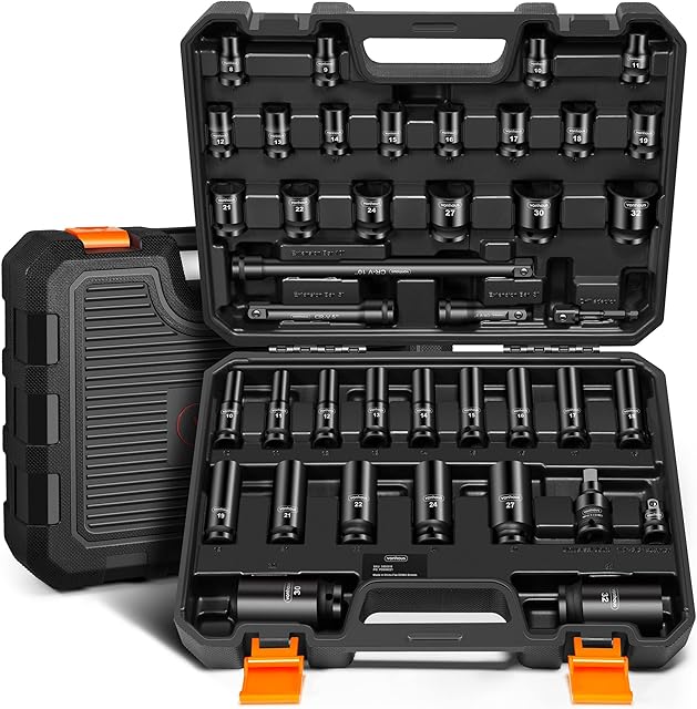 VonHaus Impact Socket Set 1/4 Inch Drive, 40pcs - Impact Sockets with Extension Bar, Drill Adapter, Universal Joint Socket and 1/2 to 3/8 Adapter - Deep Impact Socket Set for DIY, Car Repair