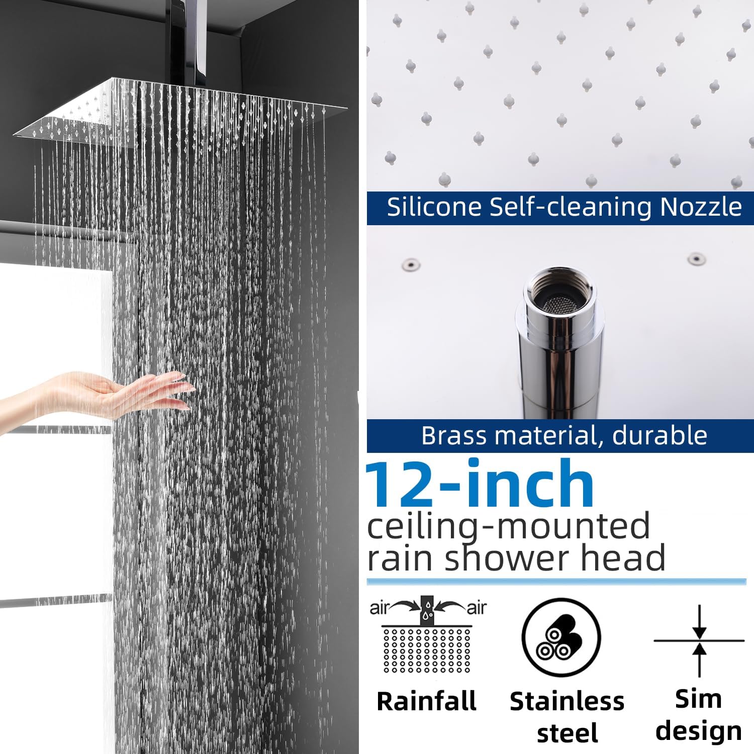 Full Body Rain Shower System 12 Inch Ceiling Mount Dual Function Shower Faucet System Set with Overhead Rainfall Shower Head Thermostatic Diverter Valve Control Flow and On-Off Simultaneously