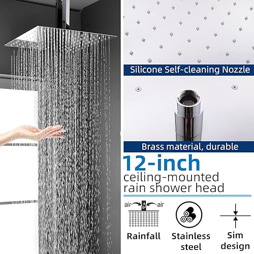 Miniatura 4 de Sistema de ducha de lluvia de cuerpo completo de 12 pulgadas, montaje en el techo, sistema de grifo de ducha de doble función, con cabezal de ducha