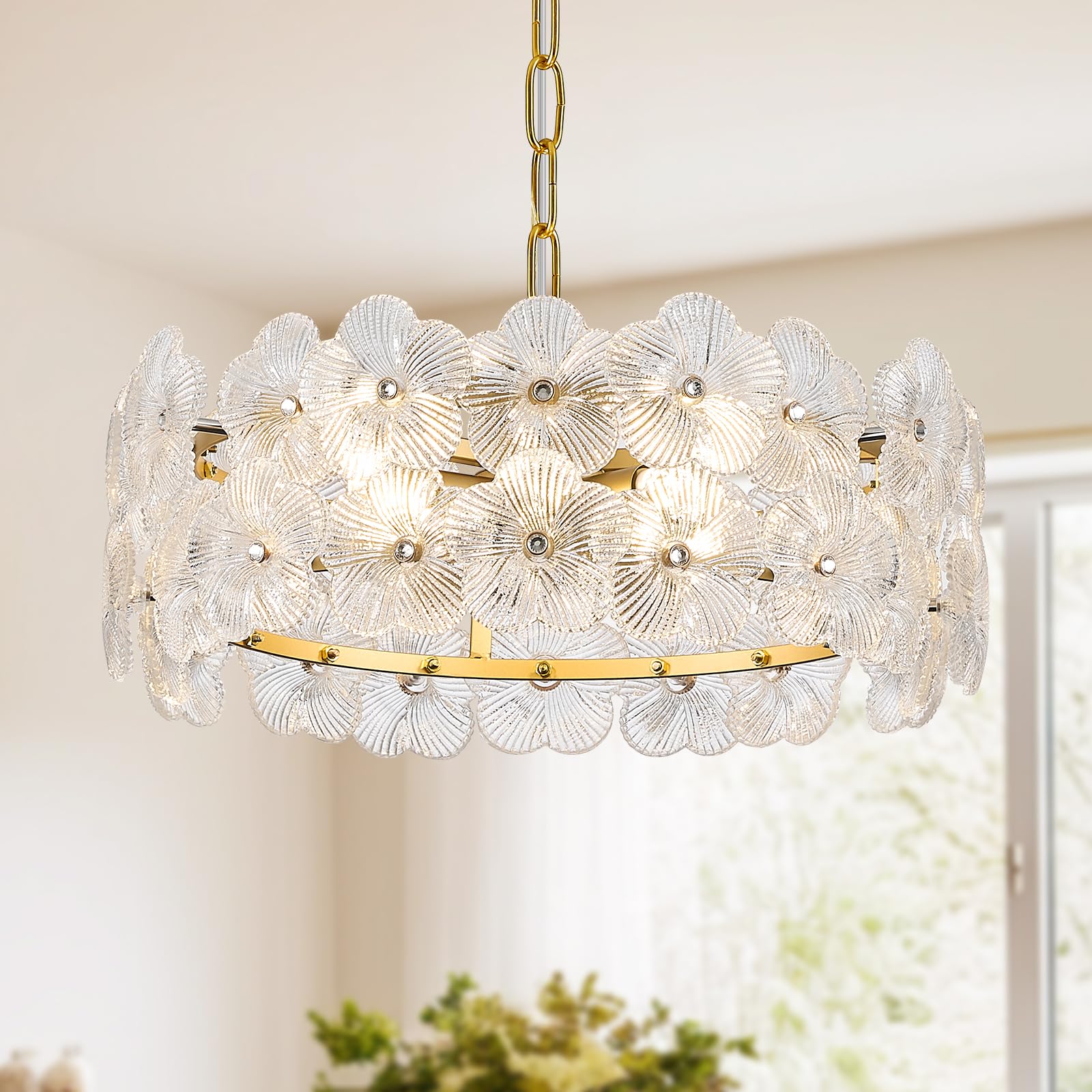 Photo 1 of Poemoon 14" Clear Flower Glass Chandelier Elegant 4 Lights Modern Gold Pendant Lighting Fixture for Kitchen Island Dining Room Bedroom Entryway Hallway, G9