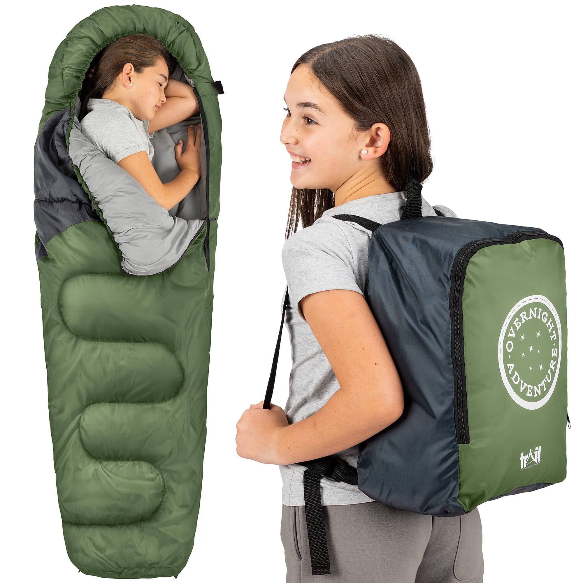 Trail Kids Sleeping Bag Mummy Shape 3 Season Camping 300gsm Boys Girls with Lightweight Rucksack Bag (Khaki) — image 1
