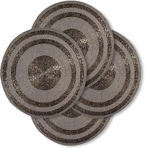 Decozen Juego de manteles individuales redondos plateados con cuentas de vidrio de 8 a 14 pulgadas para platos de cena, manteles individuales hechos