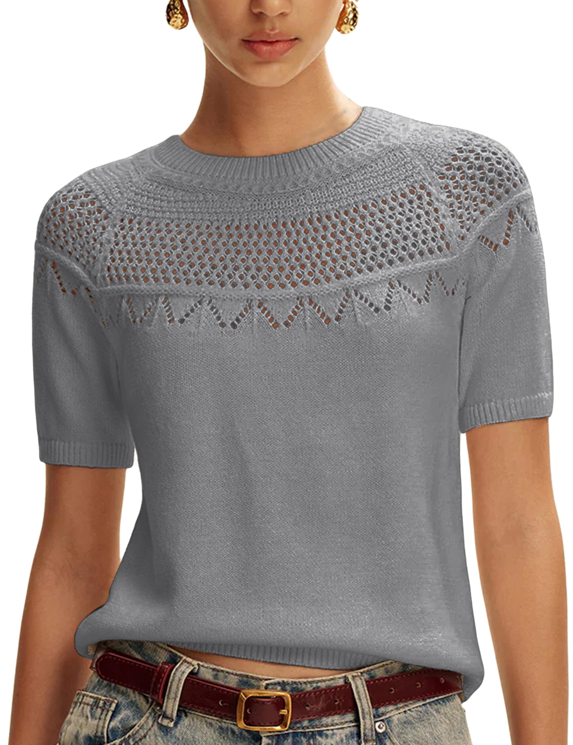Yeokou Womens Short Sleeve Sweater Round Neck Eyelet Knit Crochet Pullover Summer Fall Casual Top Blouse