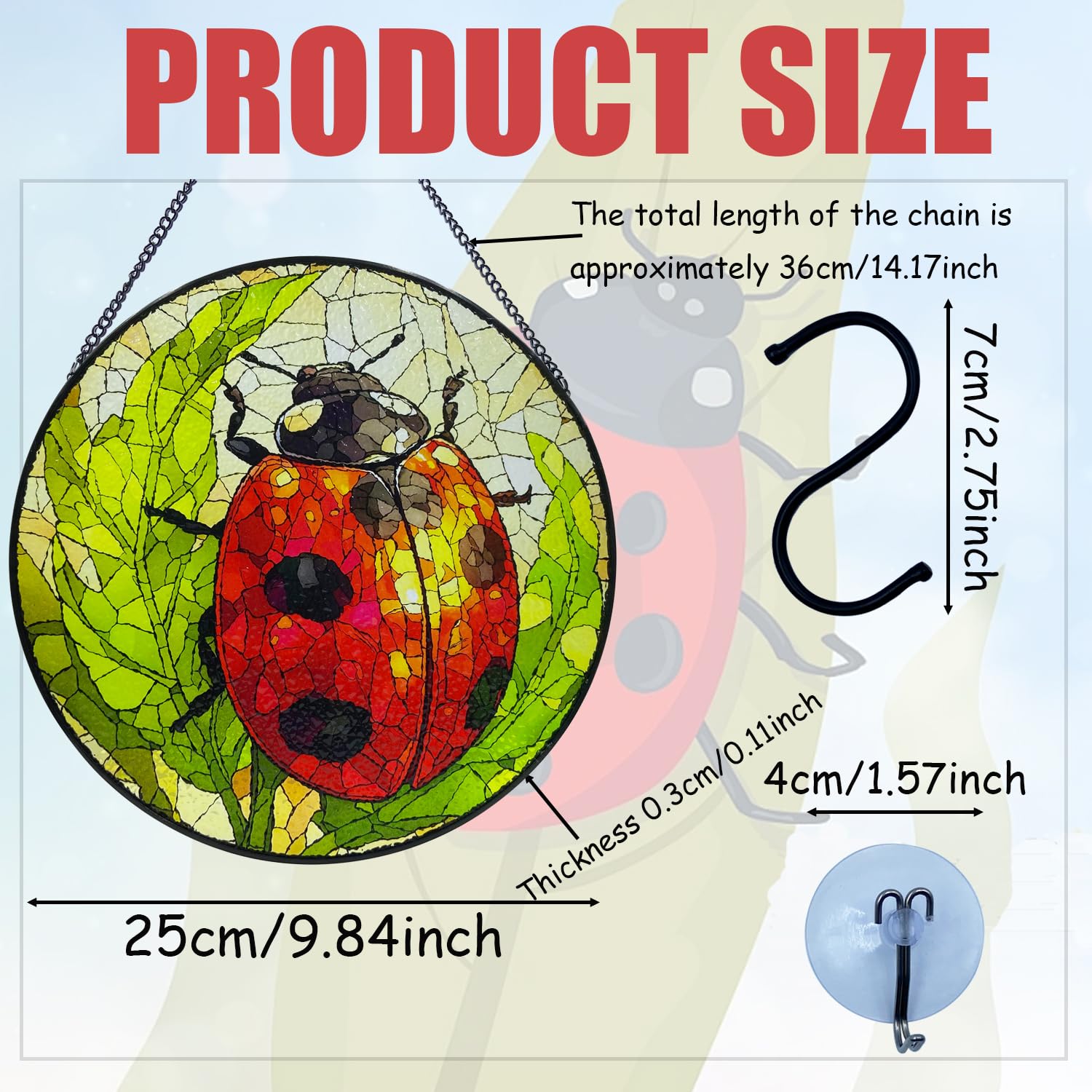Ladybug Stained Glass Window Hanging, 9.84'' Colorful Ladybug Panel with Chain, Ladybug Stained Glass Decor for Lover, Mother's Day, Birthday Gift