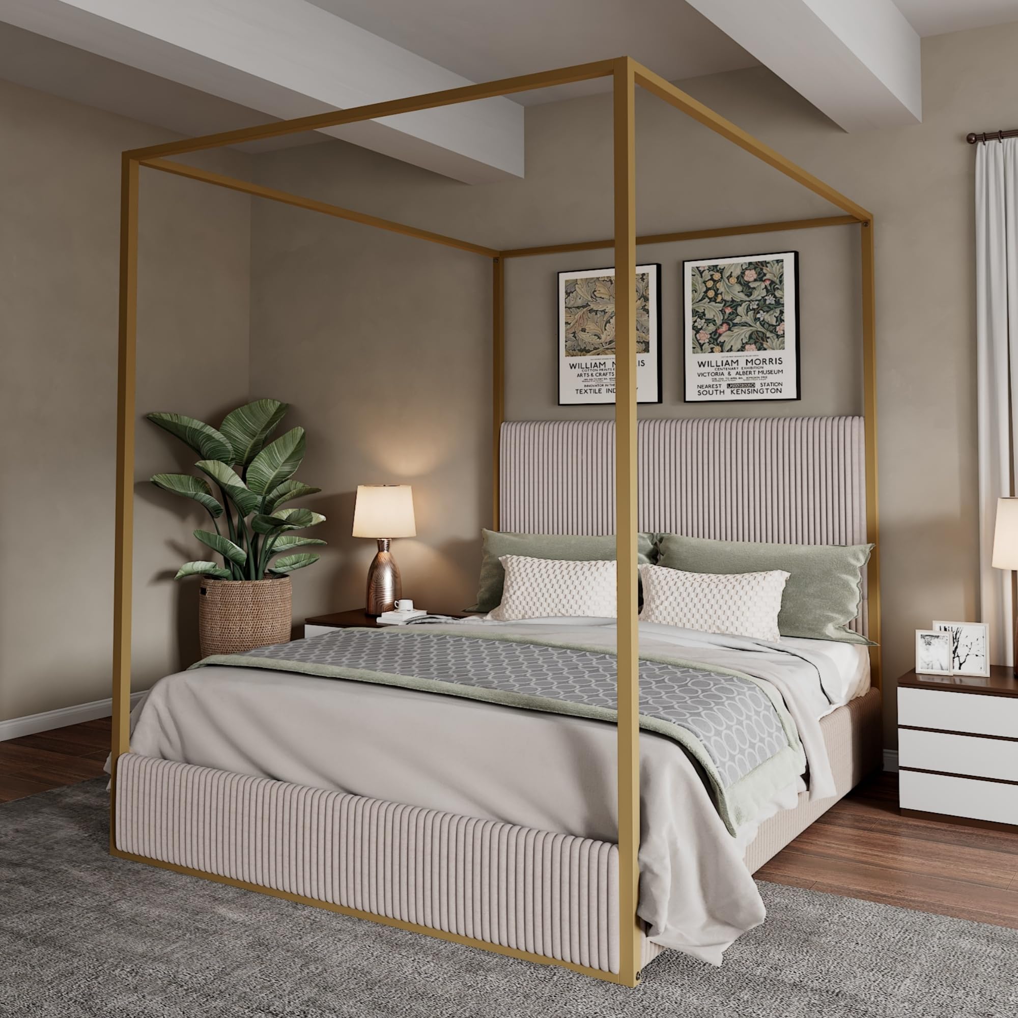 Photo 1 of ***01 box missing***Merax Modern Luxury Queen Metal Canopy Bed with Tall Upholstered Headboard, Gold Four Poster Bed, No Box Spring Needed, Beige