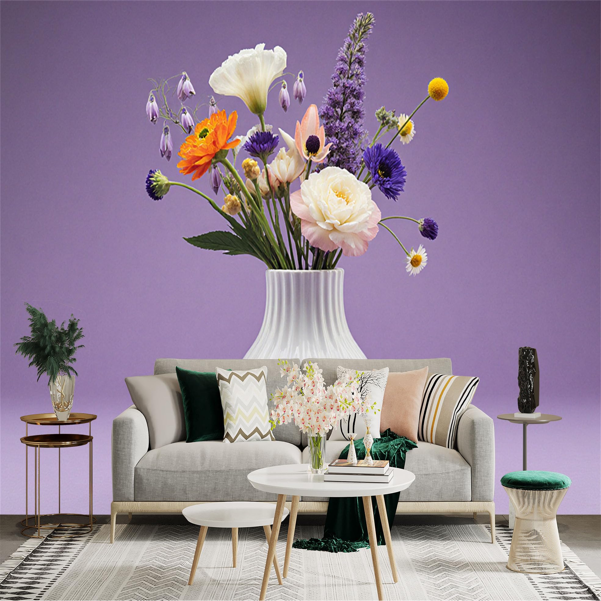 Custom Size Wall Sticker Mural， Colorful Spring Wildflowers in Elegant White Vase， Soft Purple Background， for wall Decoration， peelandstick wall Decals.