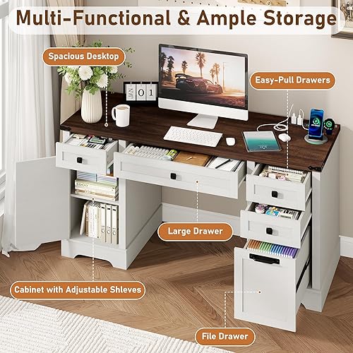 Miniatura 4 de Escritorio de oficina en casa de granja de 58 pulgadas con cajones, escritorio ejecutivo de madera con estación de carga, cajones de archivos y