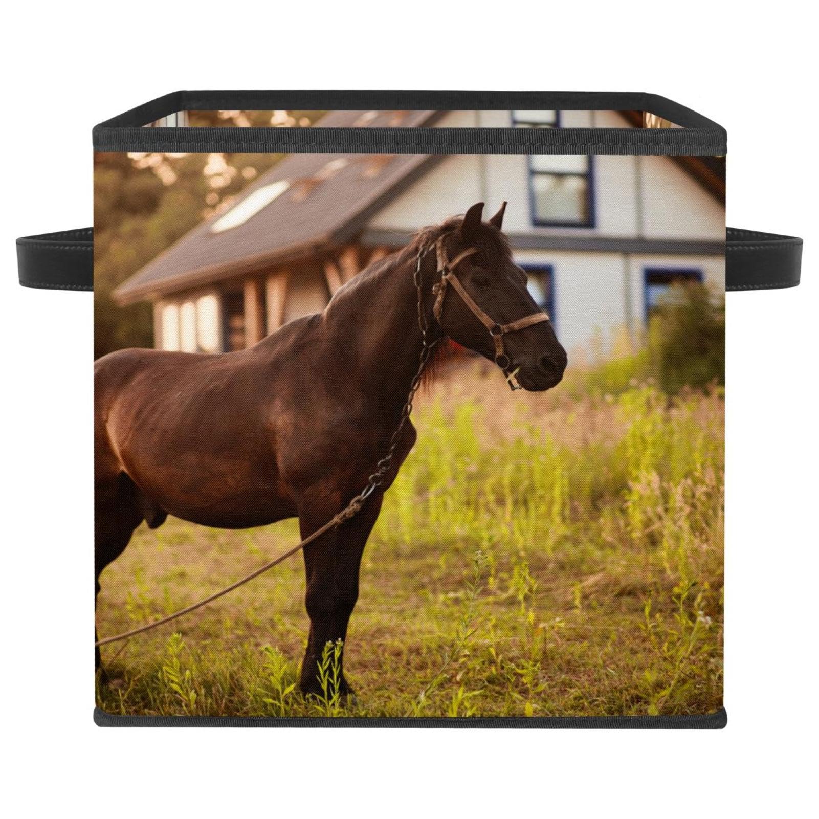 Panier de rangement tissu pliable cheval marron pour ordonner armoire et livres