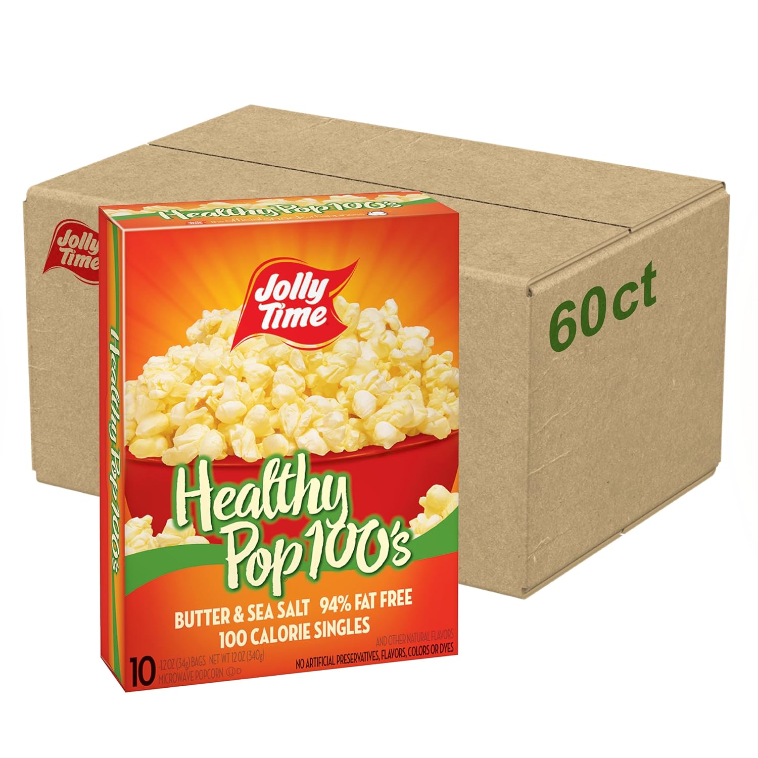 Jolly Time Healthy Pop Microwave Popcorn, 1.2oz Personal Bag, 10 Bags Per Carton (Healthy Pop 100's - Butter & Sea Salt,1.2 Ounce (Pack of 60))