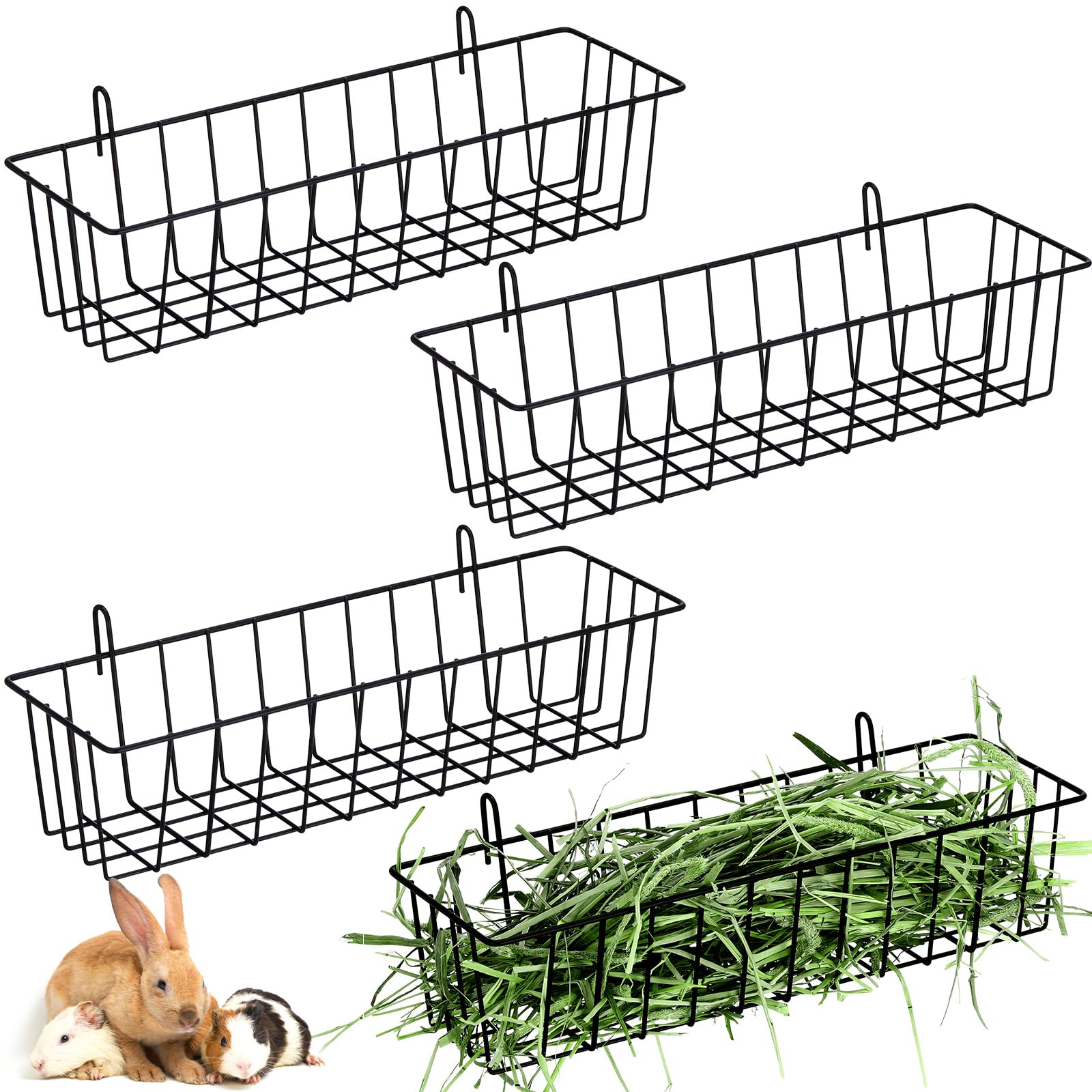Therwen 4 Pcs Rabbit Hay Feeder Guinea Pig Heavy Duty Metal Frame Hay Rack with Hooks Cage Hanging Holder for Bunny Chinchilla Small Animals Accessories(12.4 x 3.9 x 3 Inches)