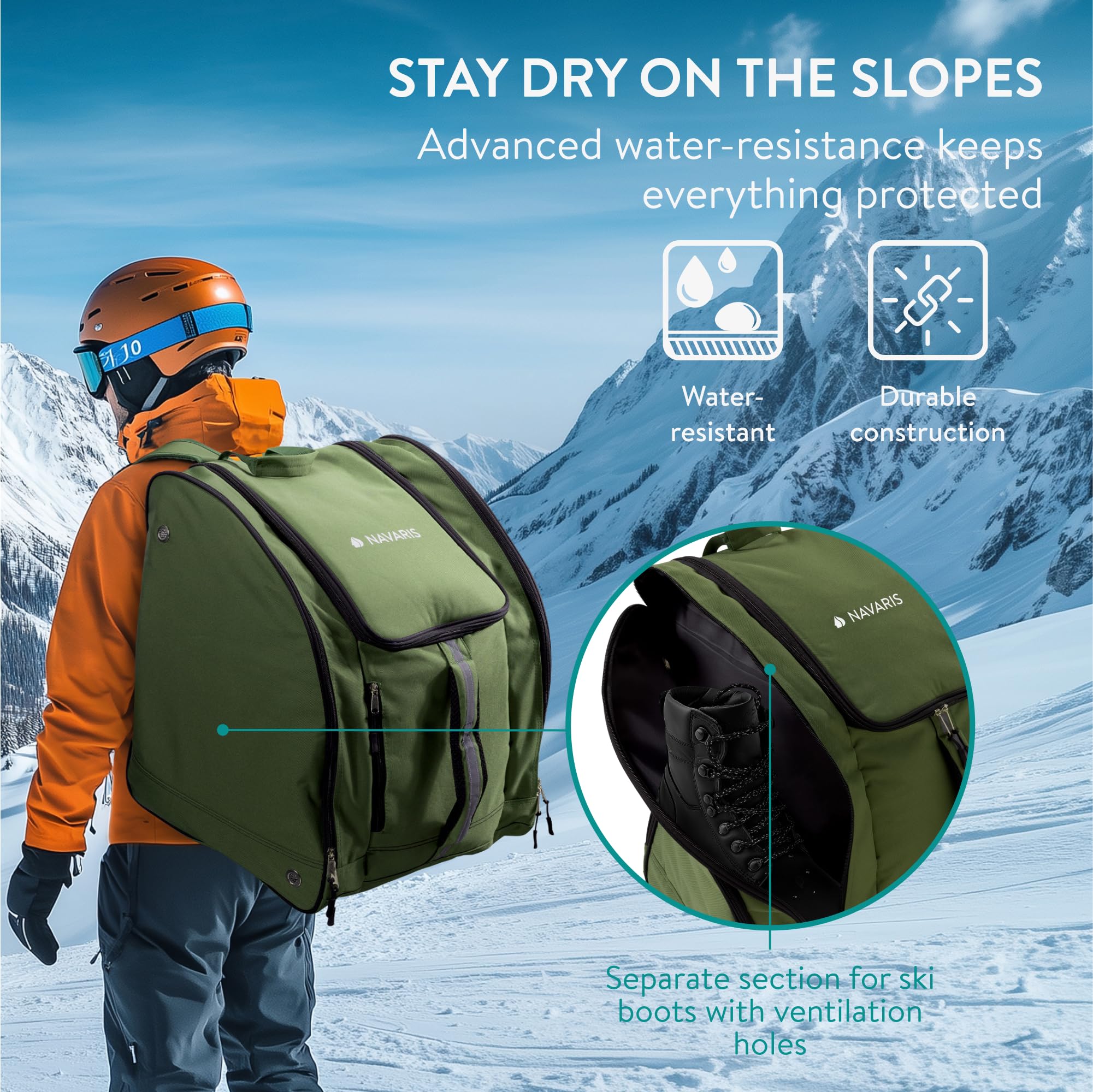 Navaris Mochila Esqui - Funda Botas Esqui en Compartimentos Separados - Mochila Ski Resistente al Agua - Con Ventilación y 3 Bolsillos para Accesorios - Verde