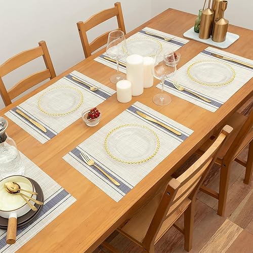 Miniatura 5 de Niviy Juego de 4 manteles individuales color azul beige de 12 x 18 pulgadas, resistentes al calor, antideslizantes, lavables, duraderos, para