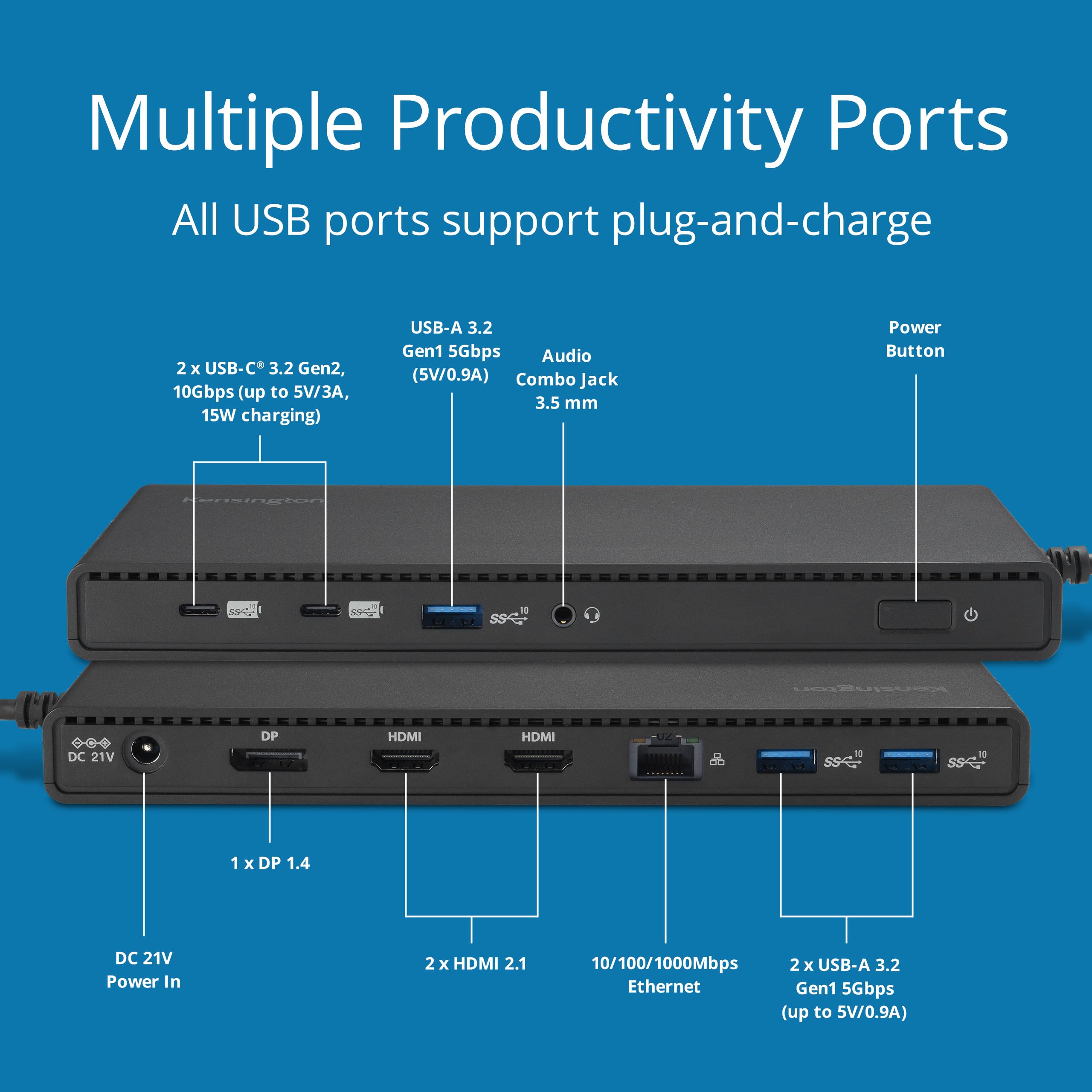 Kensington SD4842P| Station d'accueil USB-C 10-en-1 avec 3 Sorties Vidéo HD 1080p @120Hz| Alimentation 100W| 5 Ports USB Plug & Charge| Coque Externe Fabriquée avec 70% de Matériaux Recyclé| K32810EU