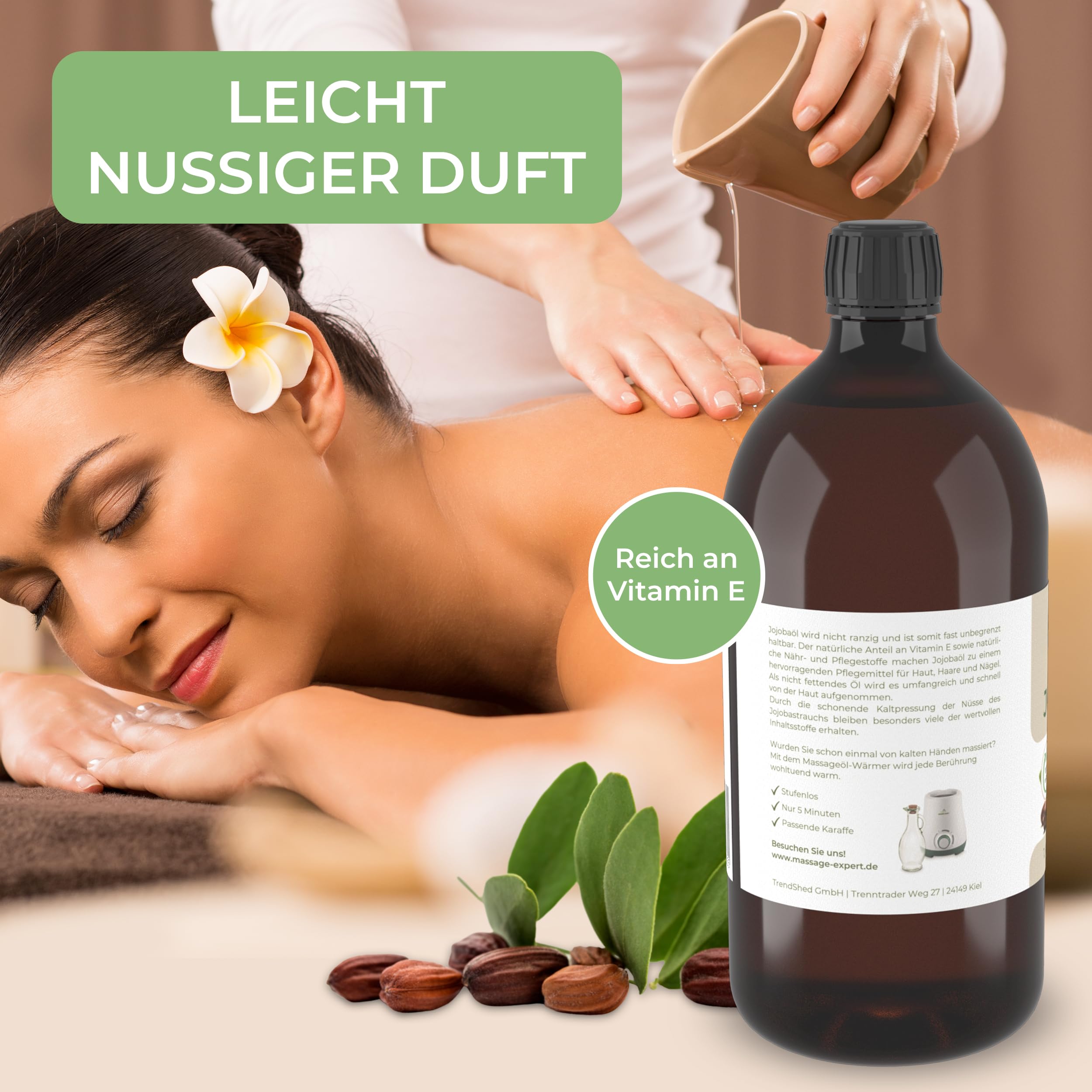 MASSAGE-EXPERT Bio Jojobaöl kaltgepresst – für Massage, Babymassage, Hautpflege und Haarpflege (1 Liter rePET-Flasche mit Spritzeinsatz)