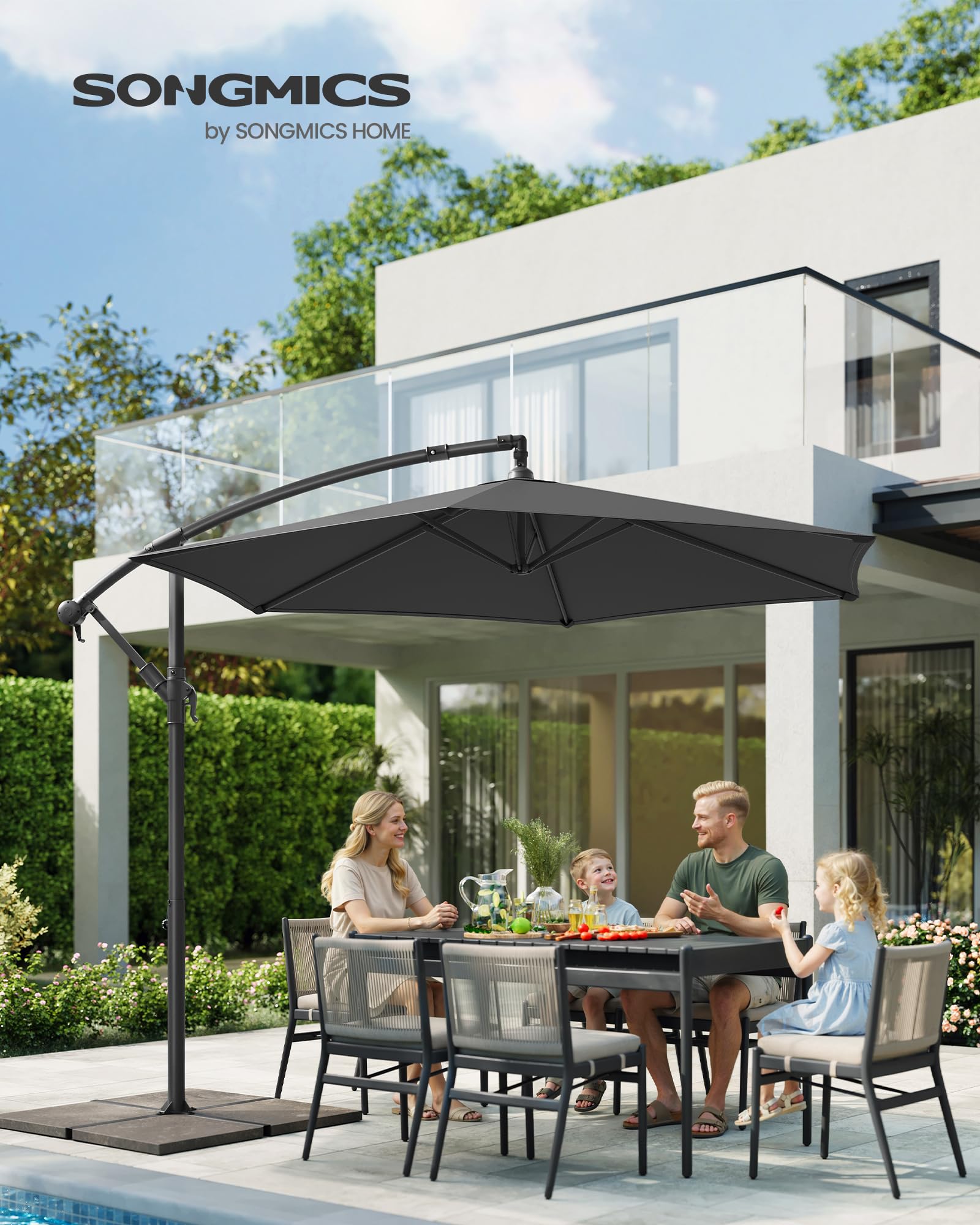 SONGMICS Sonnenschirm Ampelschirm 300 cm d mit Ständer UPF 50+ | Sonnenschutz Balkon, Balkonschirm, mit Kurbel zum Öffnen und Schließen, grau GPU116G01V1