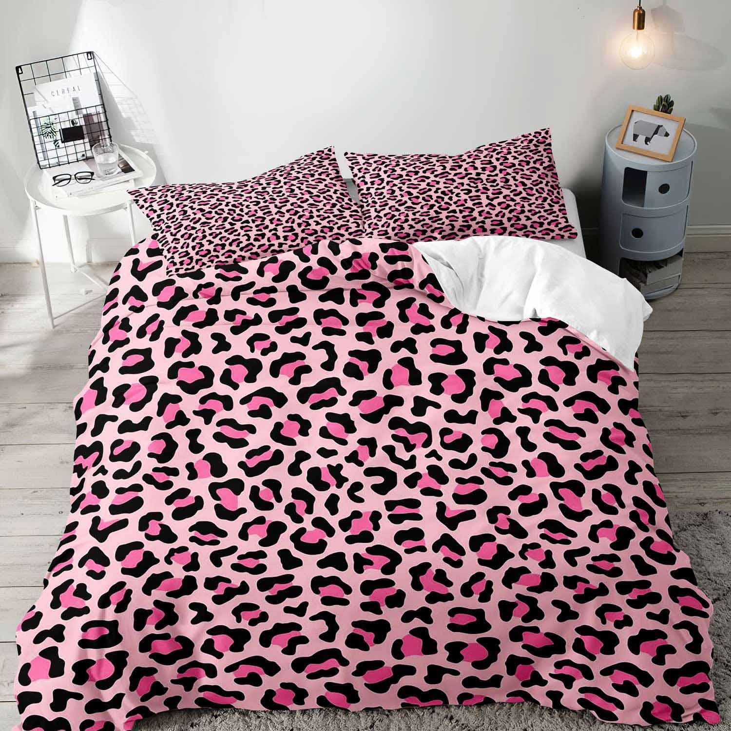 LUVIVIHOME 3PCS Pink Leopard Duvet Cover Queen, Teen Girls Bedding, Cheetah Print Bedding, Africa Safari Animal Pink Comforter Bedspread Quilt Cover,