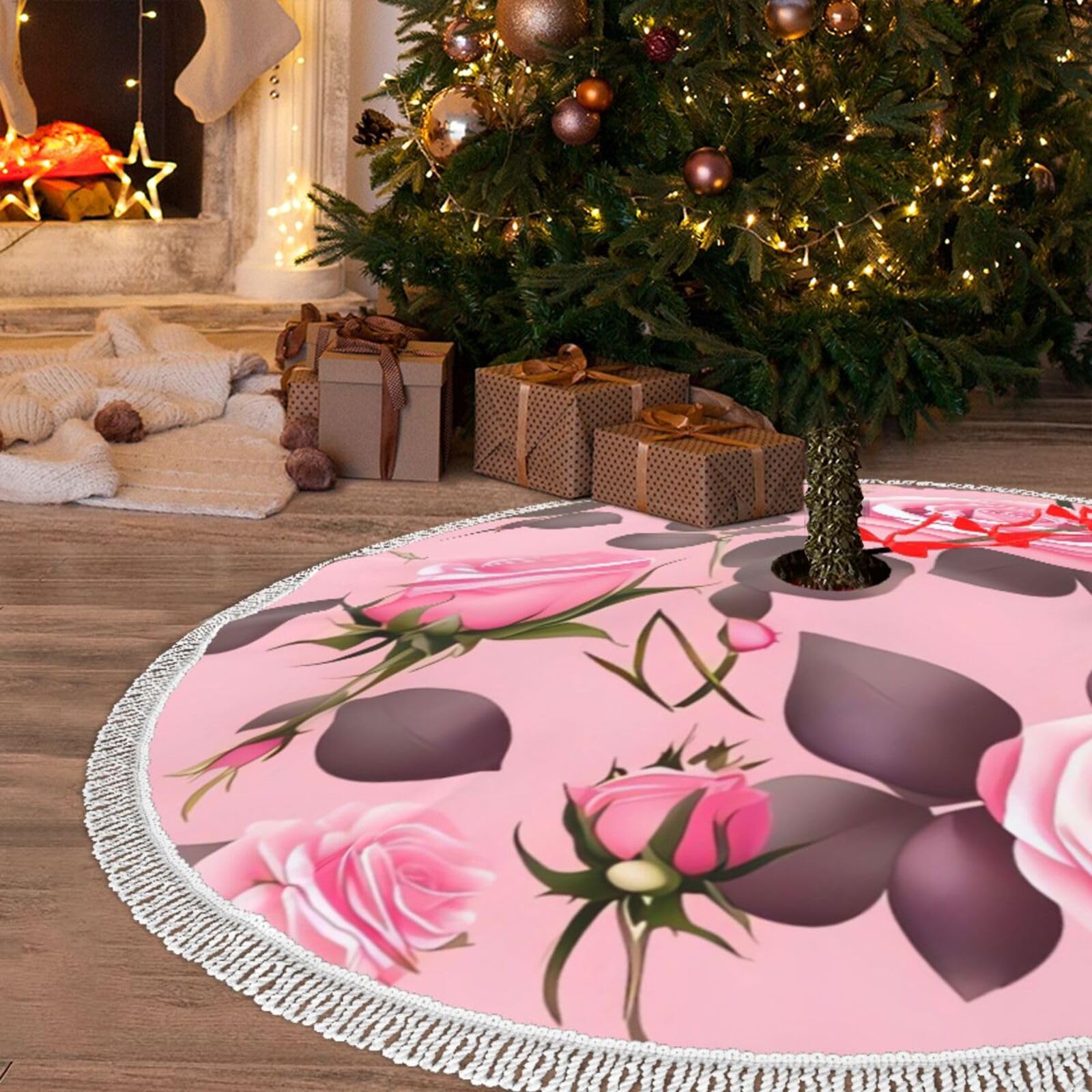 Tapis de sapin de Noël en peluche 121,9 cm jupe rose de fête