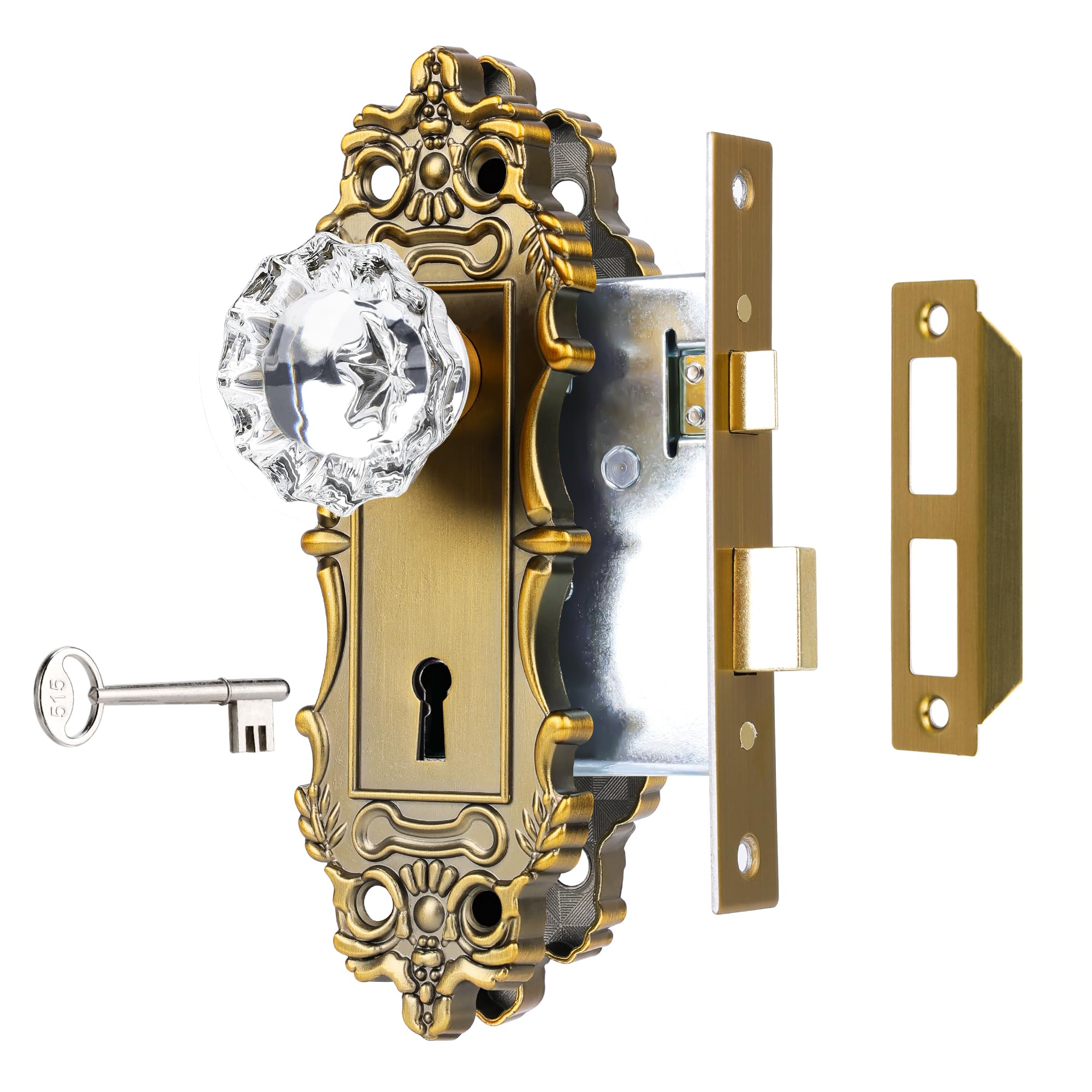 ToPToToo Mortise Lock Set for Interior Door，Vintage Brass Door Knobs with Lock and Skeleton Key, Antique Door Handle Lock Replacement for Interior Doors