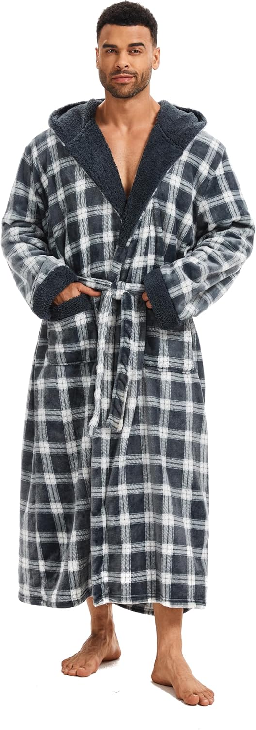 iniber Mens Hooded Robe, Soft Lightweight Plush Robes for Men, Warm Long Fleece Men's Bathrobe with Pockets - Image 4