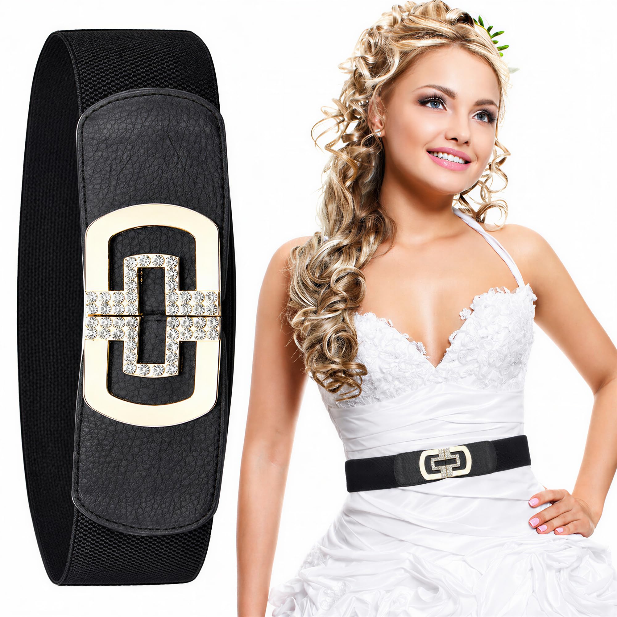 Trimming Shop Women's Black ’S Wide Elastic Waist Belt With Diamante Buckle, Stretch Cinch Belt With Pu Leather, 60Mm Retro Waistband For Dresses, Gowns, Wedding & Party Wear, - S