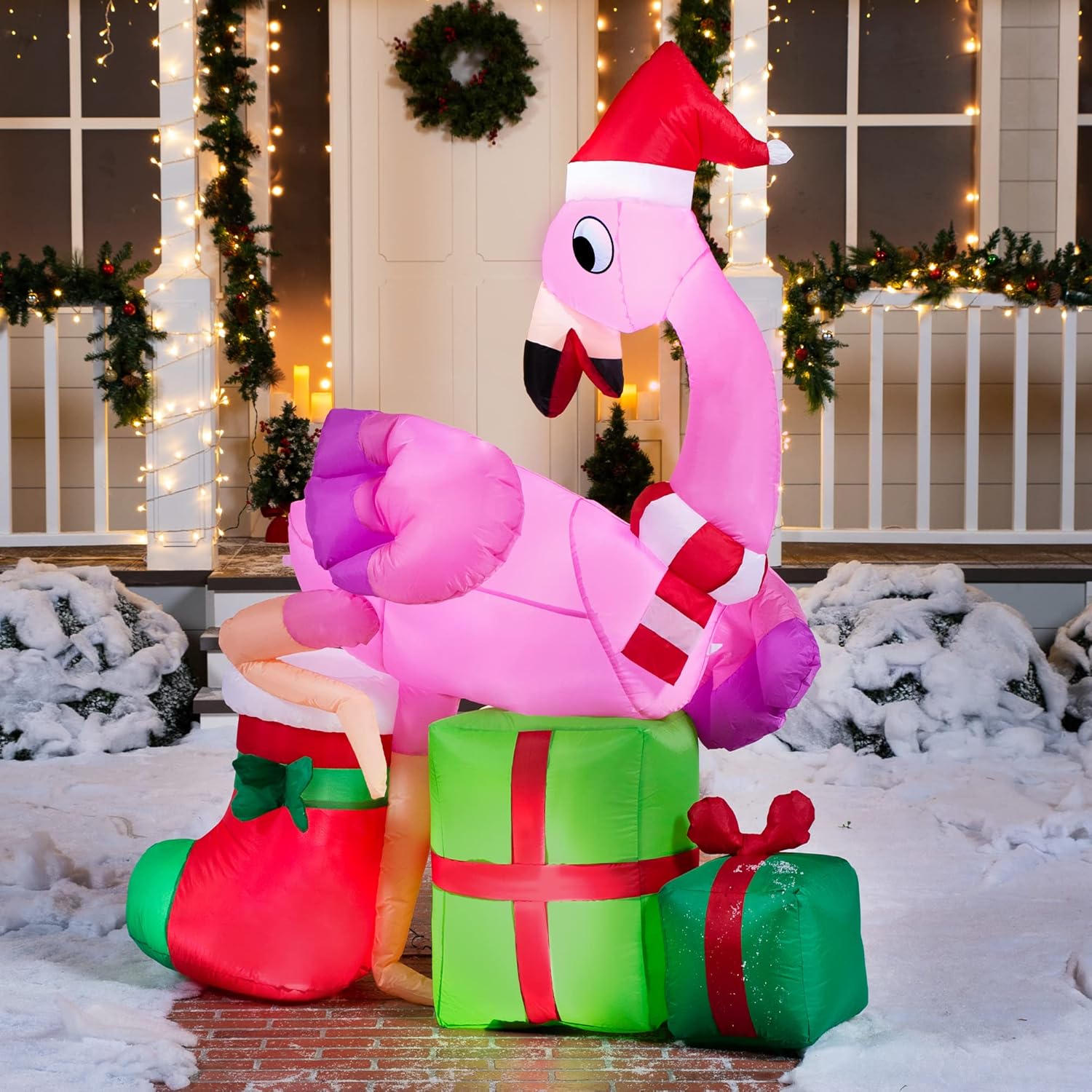 Joiedomi 6 FT Christmas Flamingo with Gift Box Inflatable