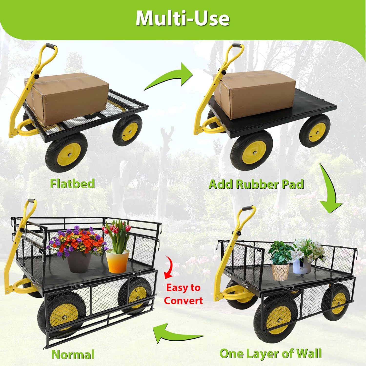Large Capacity Garden Wagon Carts 12.8 Cu.ft with Removable Mesh Sides to Convert into Flatbed, Yard Cart Garden Cart on Wheels 16" Tires, 2-in-1 Handle for Farm, Garden