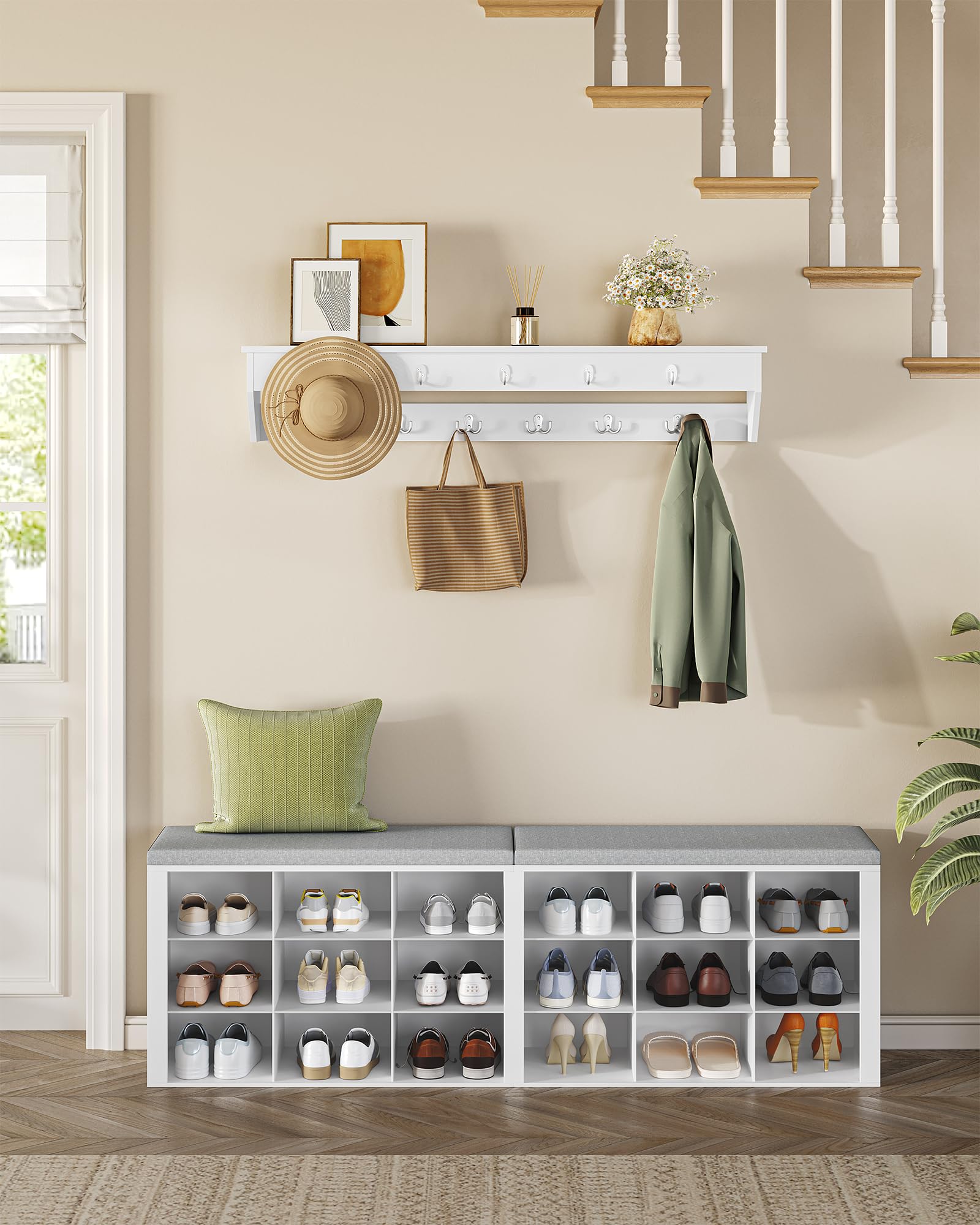 Hzuaneri Banc à Chaussures, Banc de Rangement, 18 Compartiments, Blanc-Gris