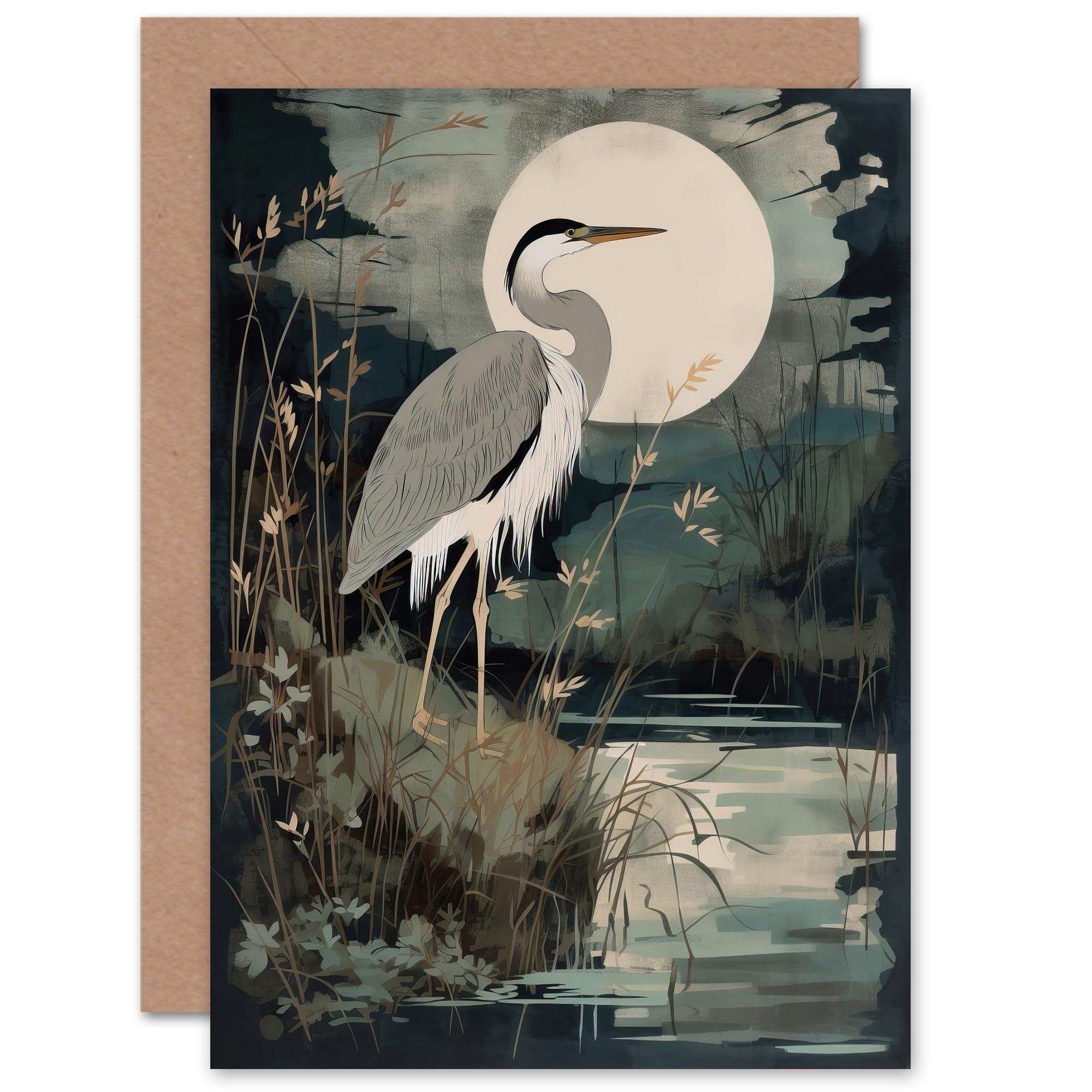 Artery8 Supper Time Moonlit Heron Earthy for Him or Her Man Woman Birthday Thank You Congratulations Blank Art Greeting Card
