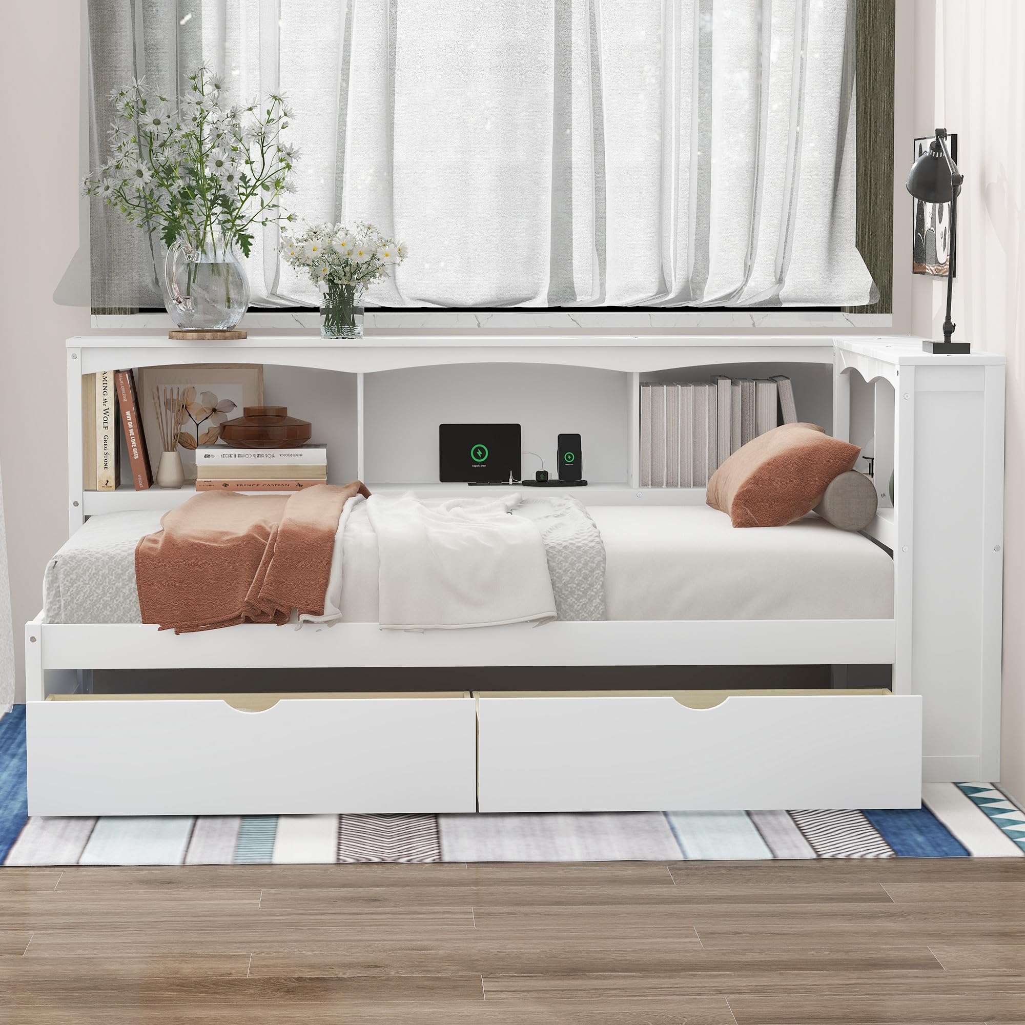 Condition photo showing New/Like New for harper & bright designs twin size daybed with two storage drawers, storage cabinets and usb ports, white