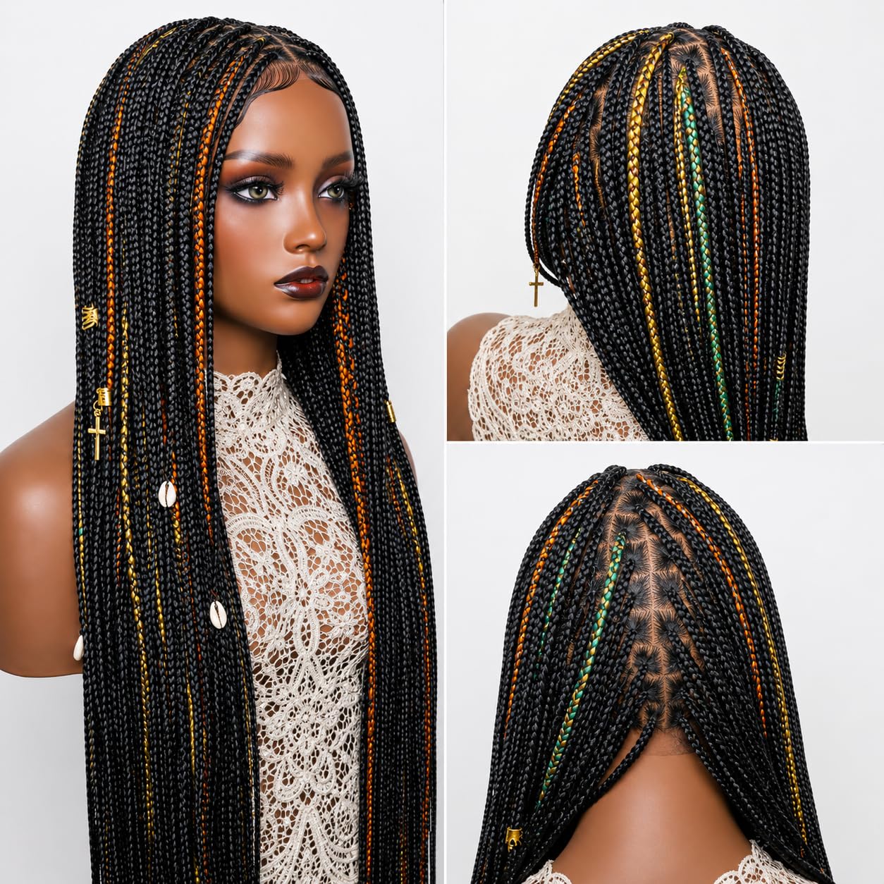 Full Lace Box Braids Adorned Knotless Braided Wig 35 Inches (Black Highlight)