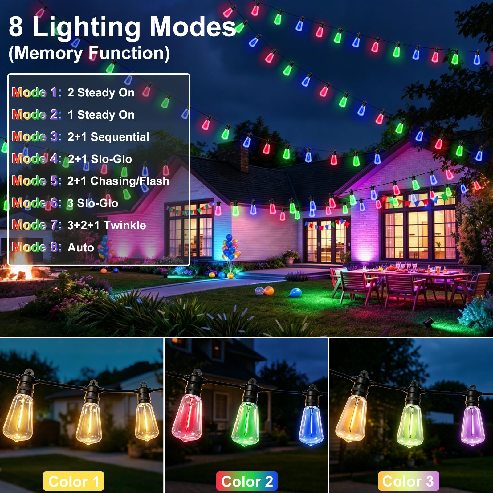 Guirlande lumineuse LED d'extérieur - 15 m - 24 ampoules blanc chaud et multicolore - ST38 - 8 modes - 4 intensité variable - Minuterie - IP68 - Pour balcon, jardin, terrasse, fête, bistro