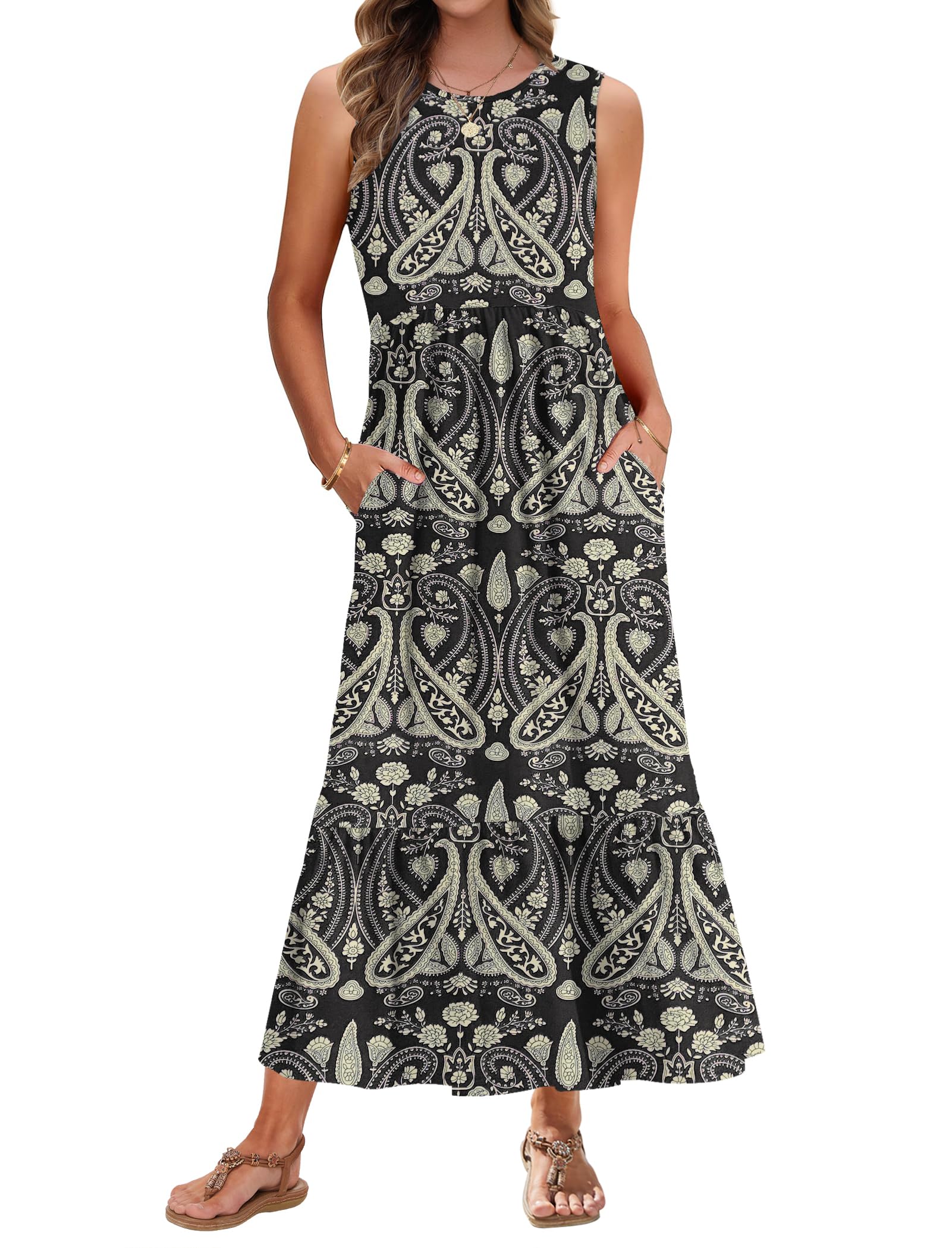AUSELILY Vestido Largo Verano Mujer Cuello Redondo Vestido Informal Sin Mangas Vestidos Maxi Verano Playa con Bolsillos