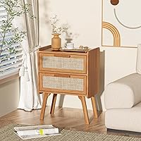 Vista 7 de Lerliuo Rattan Nightstands Set of 2, Boho Night Stand with 2 Drawers, Cane Accent Side End Table, Bedside Table with Solid Wood Legs for Bedroom