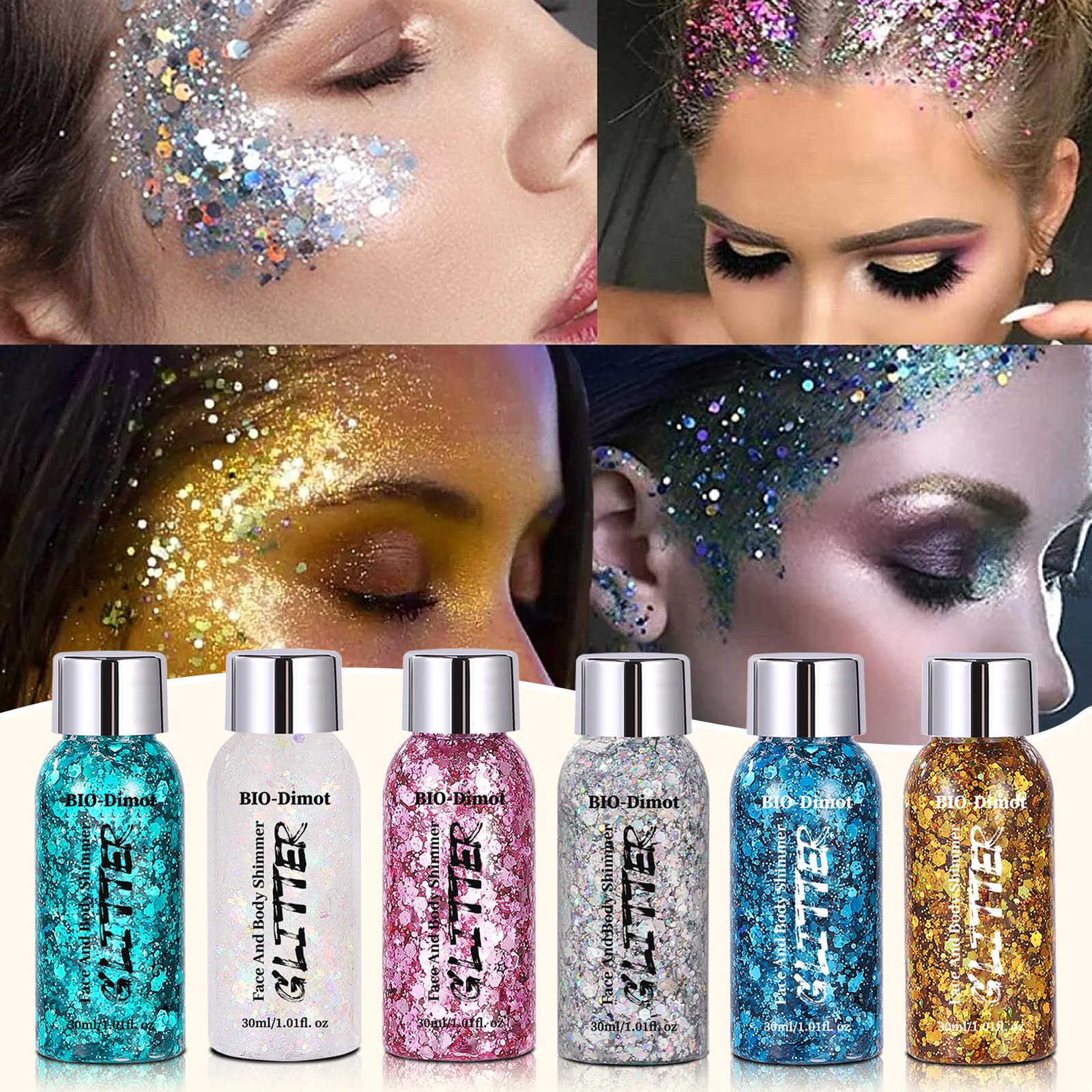 Body & Face Glitter Gel with Applicator | 30ml Mermaid Body Glitter Gel Chunky Sequin Glitter for Singer Concerts, Disco, Festival, Rave Makeup & Hair Accessories (White&Silver&Pink&Gold&Blue&Teal)
