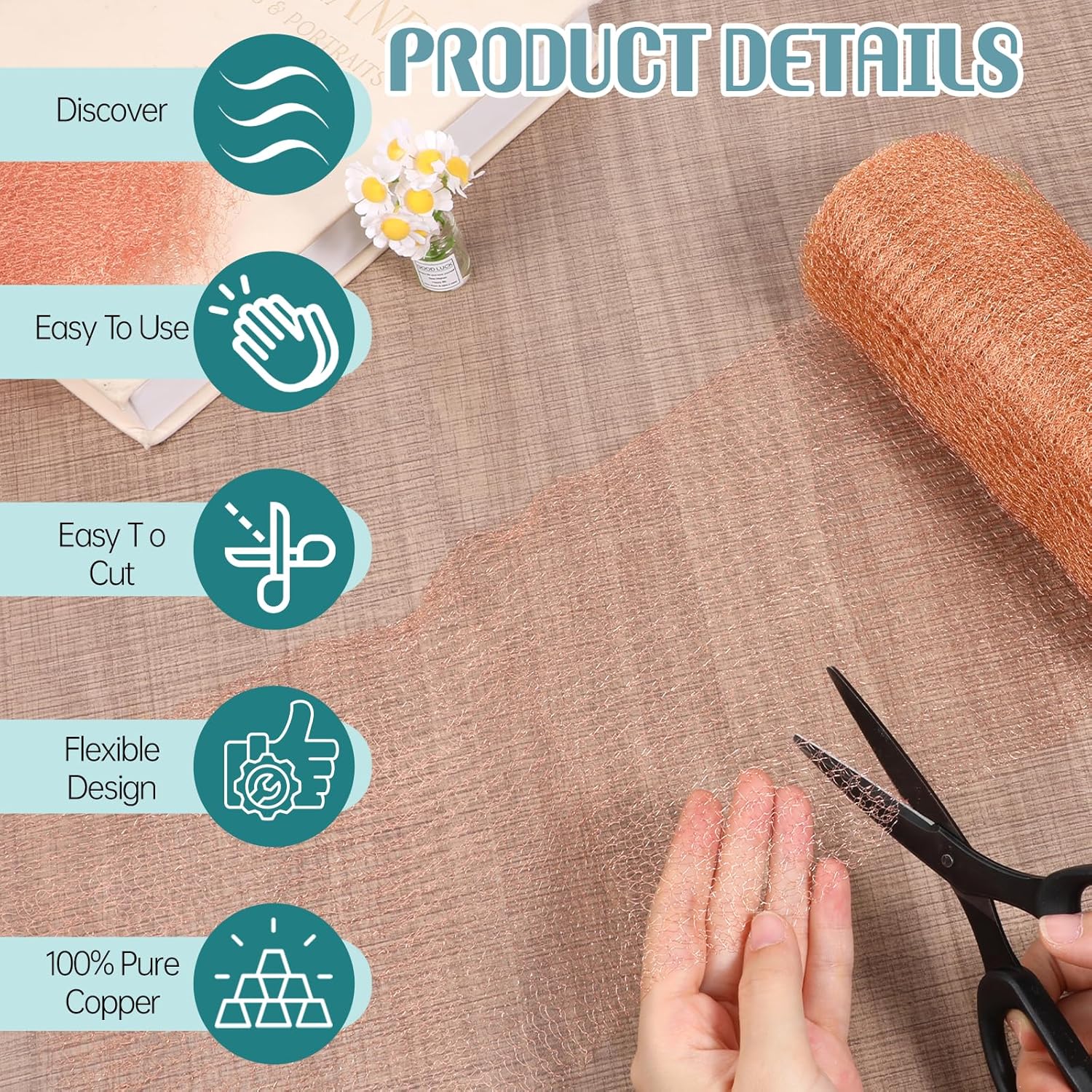 SHENLIU 8" x 100ft Copper Mesh, Double Layer Pure Wire Mesh Rustproof DIY Hole Filler Pure Wire Mesh for Homes Gardens Sealing Water Opening and DIY Easy to Cut