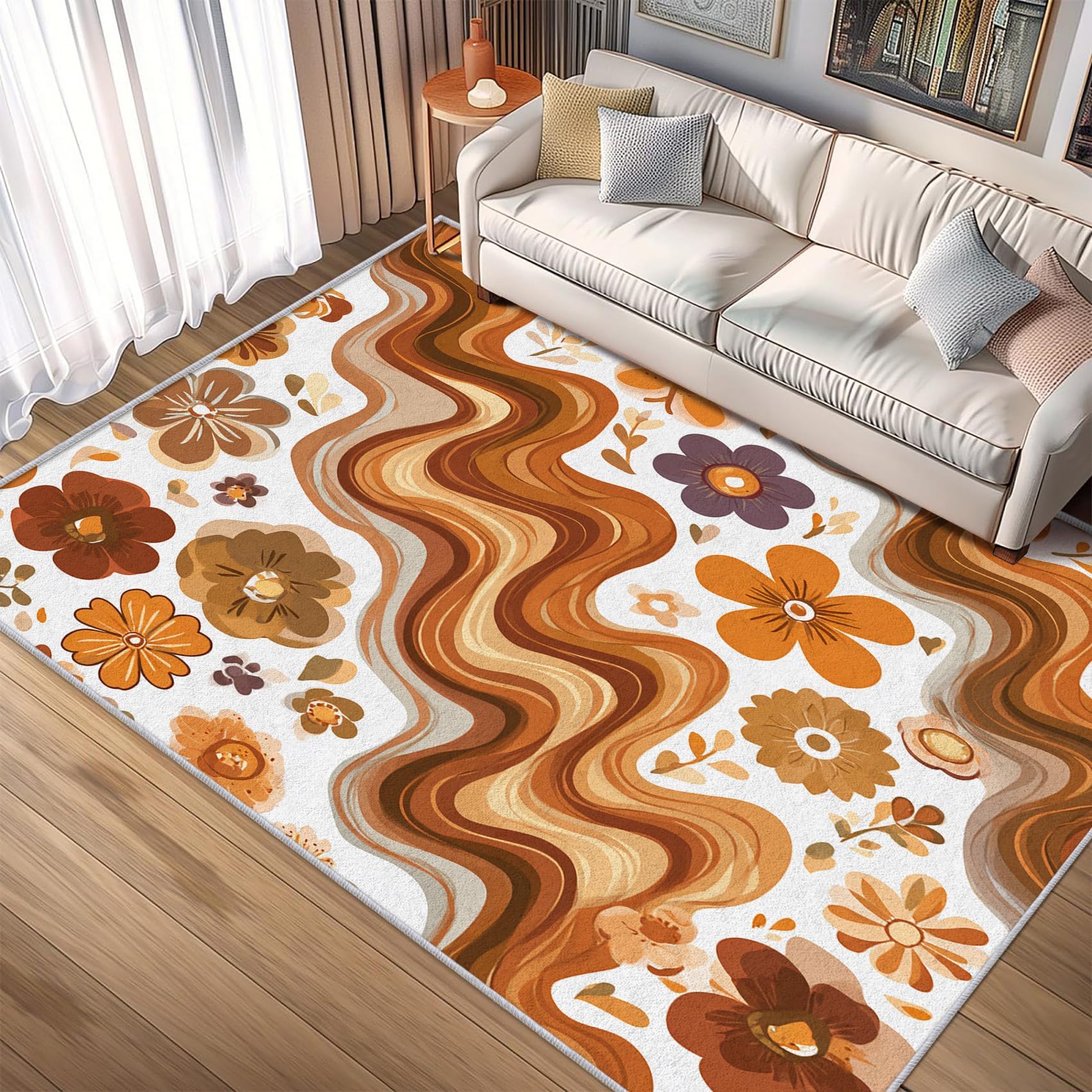 Tapis rétro années 70 pour chambre et salon au motif floral ondulé