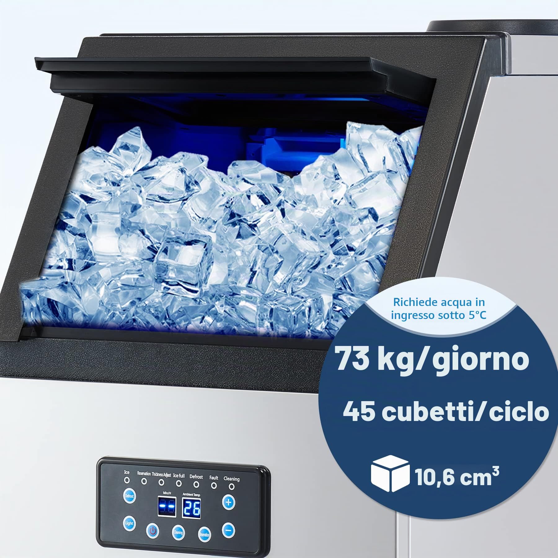 CREWORKS Macchina per Cubetti di Ghiaccio Commerciale 73kg/24h Fabbricatore Ghiaccio con Schermo LCD Macchina Ghiaccio in Acciaio Inossidabile per Casa, Ufficio, Ristorante, Bar, Caffetteria (45 PCS)
