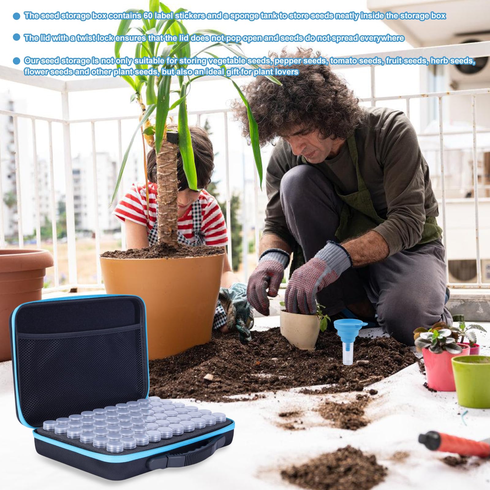Caja de Almacenamiento para Semillas: Organizador Robusto de 60 Compartimentos, Almacenamiento Multifuncional para Flores y Verduras (Banda Azul)