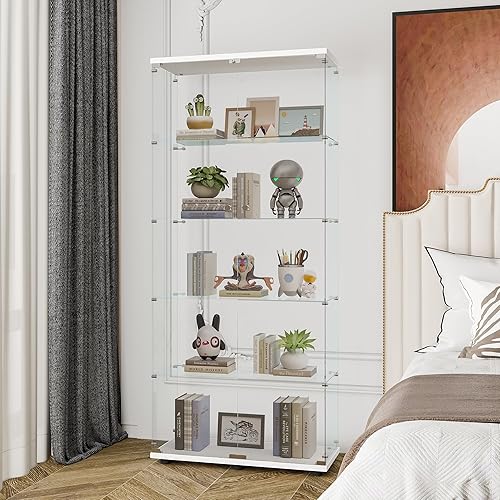 Miniatura 14 de Vitrina de cristal con 4 estantes con tira de luces LED y cerradura, vitrina de vitrina con ruedas y 1 puerta, vitrina de vidrio templado para sala