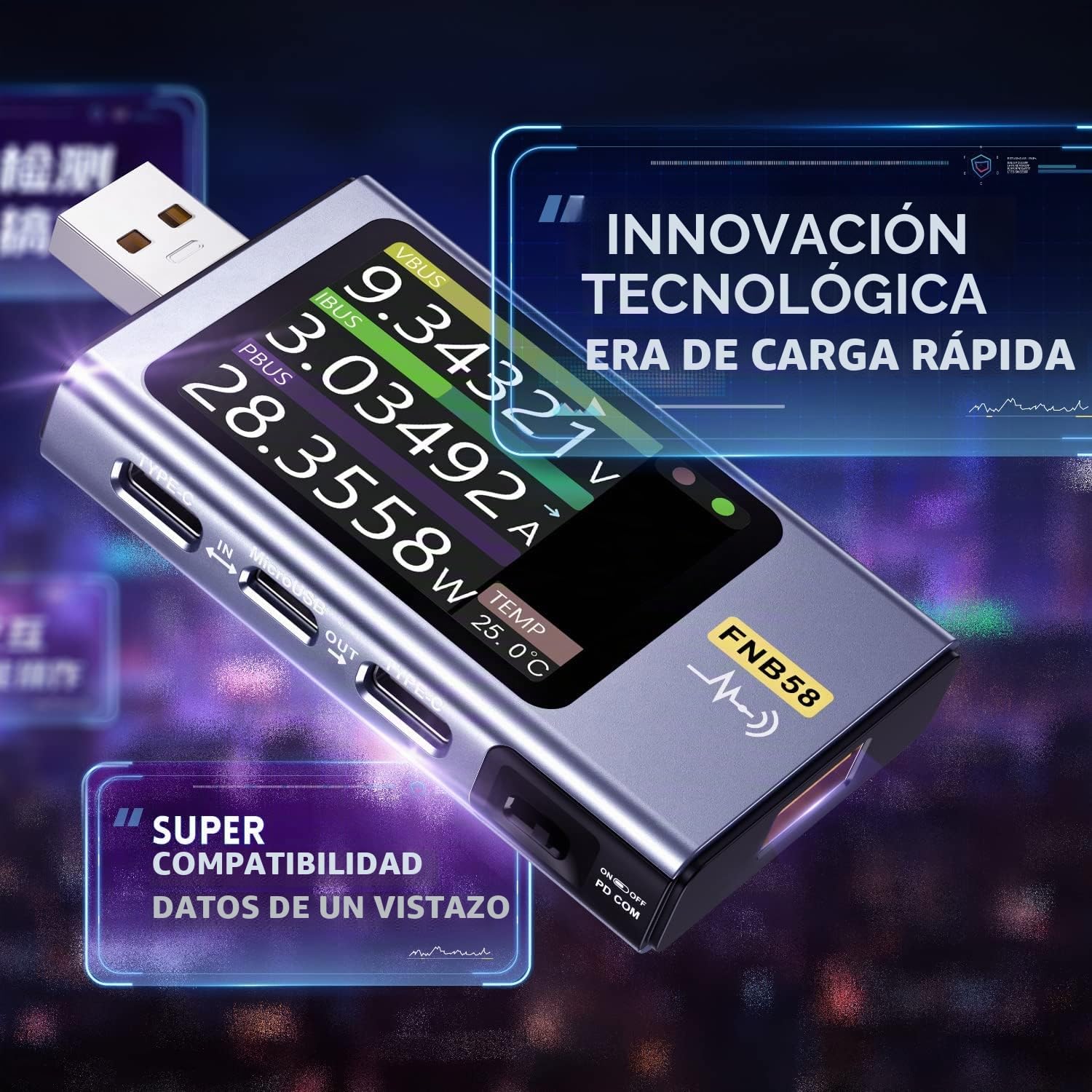 FNIRSI Probador USB 4-28V 7A LCD USB A&C, Multímetro Digital para Medir Voltaje, Corriente, Potencia y Ondulación, Detección Rápida de Carga & Software de Aplicación, Compatible PD2.0/3.0 QC2.0/3.0