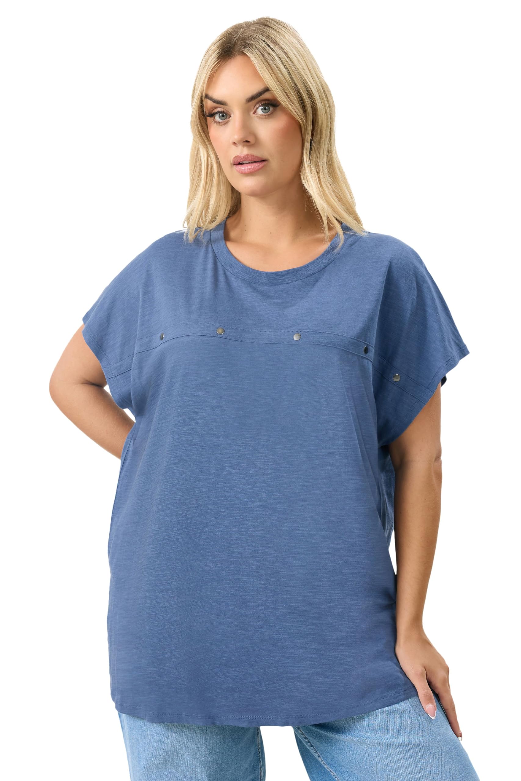 Yours Women's Blue Curve Stud Grown-On Sleeve T-Shirt - Plus Size Curve