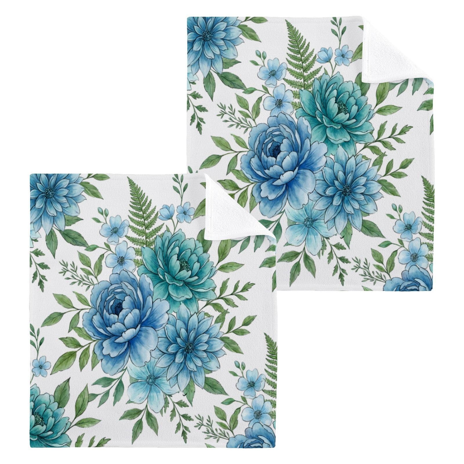 BOESI Blue Dahlia Botanical Pattern 12x12in Cotton Washcloth,Face Towel