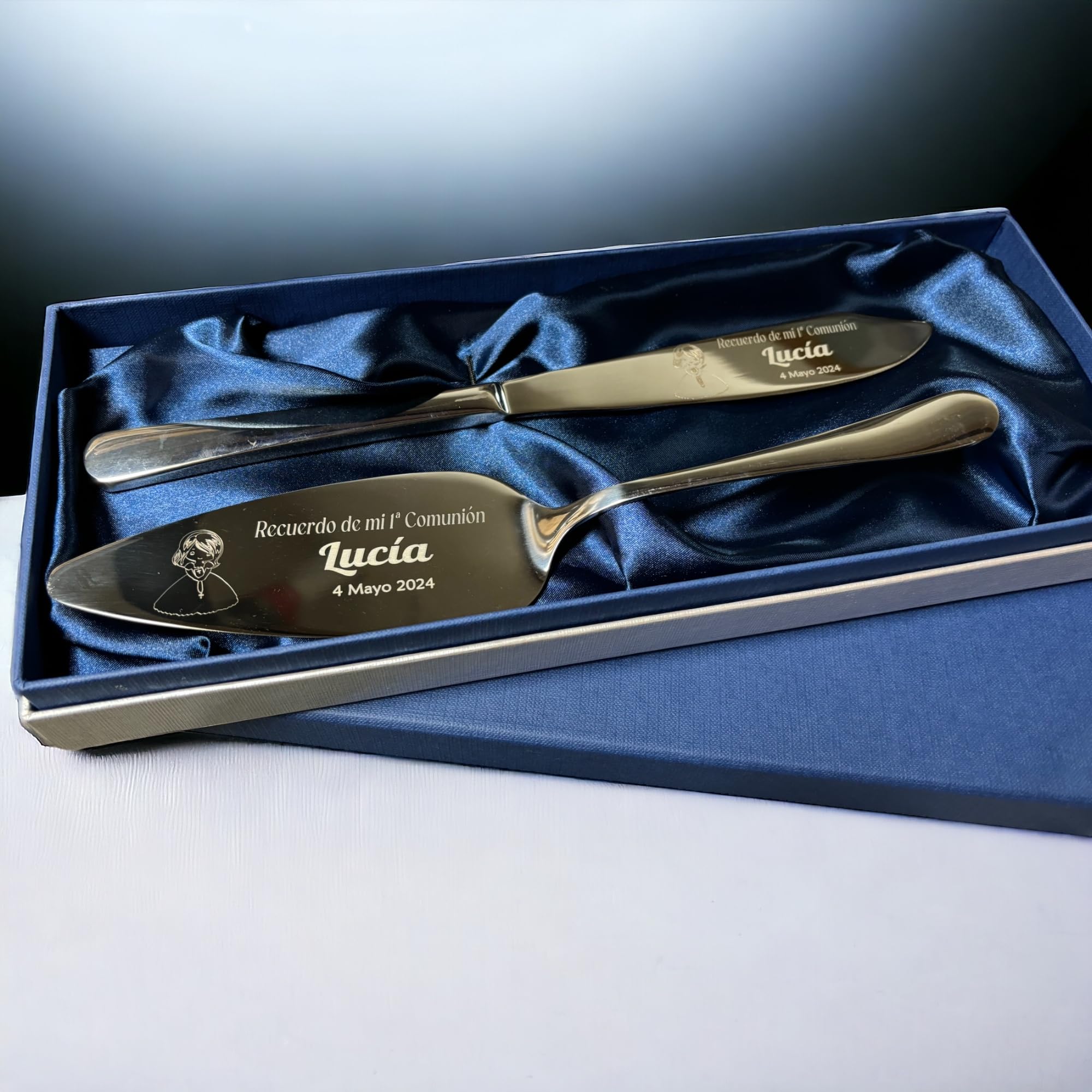 Curia Grabador - Set de Pala y Cuchillo Personalizado para Tarta - Corta tartas con Nombre y Fecha - Juego servidor para pastel de Bodas y Comuniones