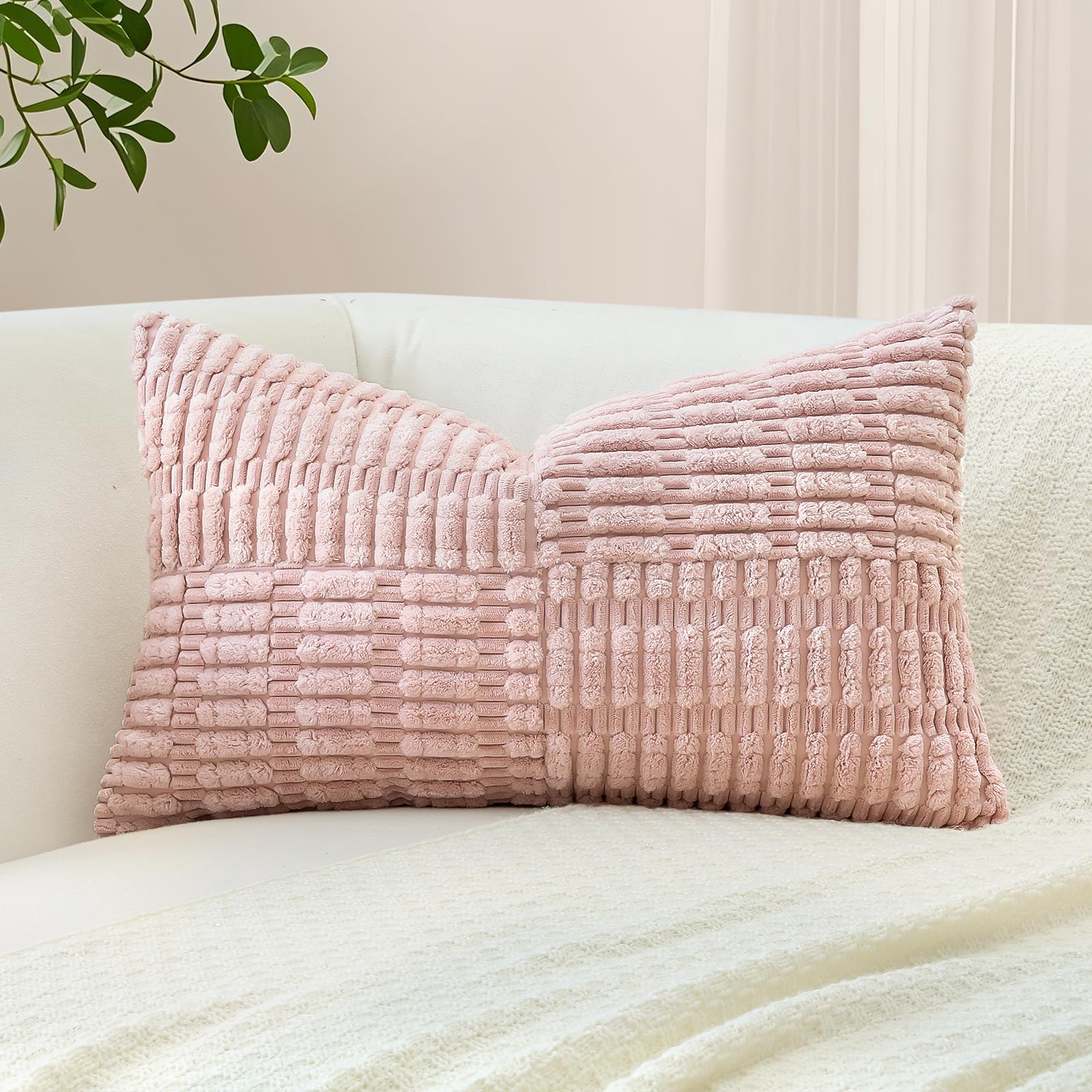 Sungeek Set of 1 Decorative Cushion Cover 40 x 60cm Soft Corduroy Striped Cross Patchwork Textured Pillow Case Boho Farmhouse Lumbar Throw Pillow Cover for Sofa Bed Patio 16x24 Inch, Pink — image 1