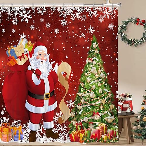 Cortinas de ducha de Navidad para baño, diseño festivo de Papá Noel con muchos regalos, cortinas de ducha de Feliz Navidad, juego de cortinas de