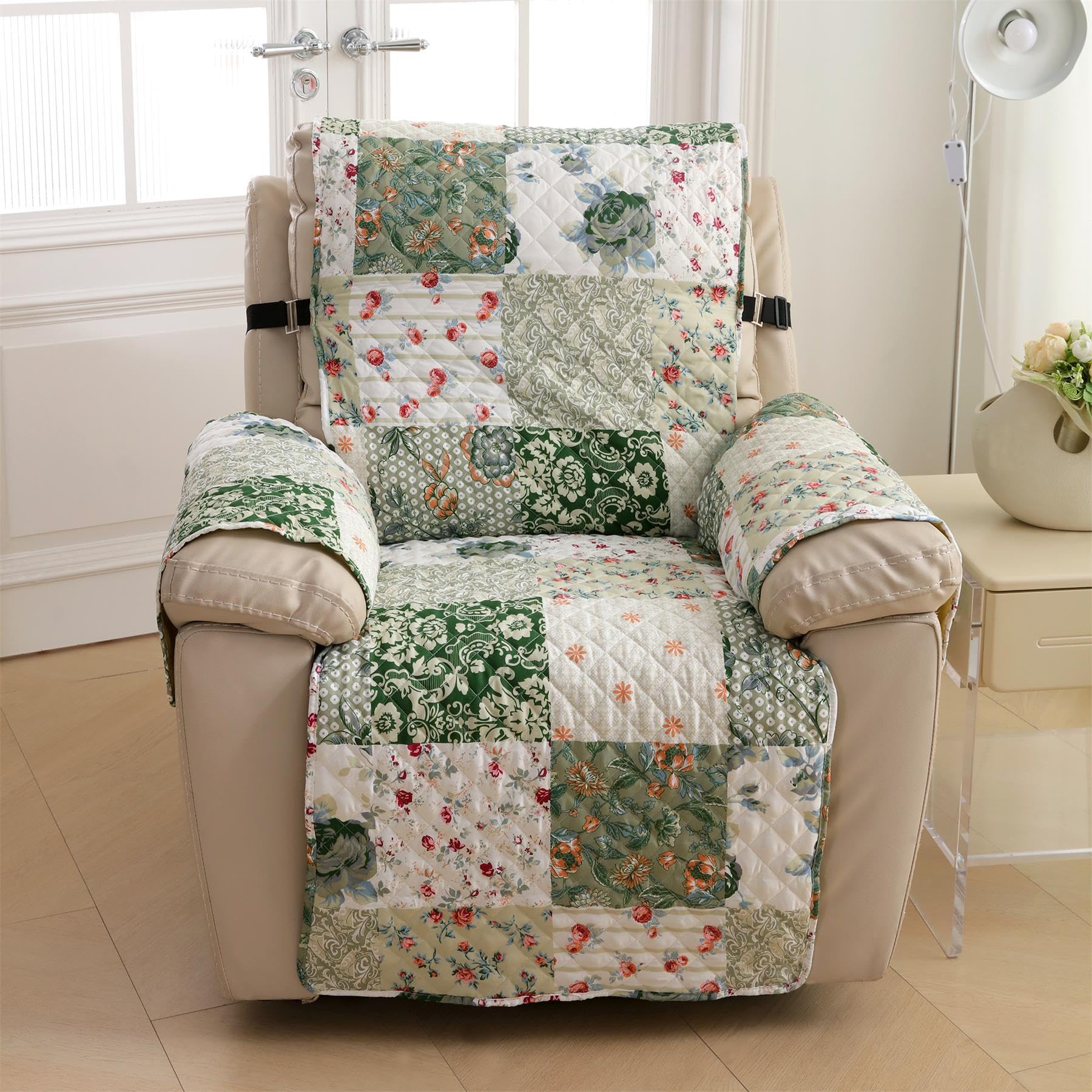 Cmfshape Skidproof Sofa Cover-Green Sofa Slipcover with Elastic Straps-Easy Fit Slip Cover-Patchwork Washable Furniture Protector for Pets and Kids(