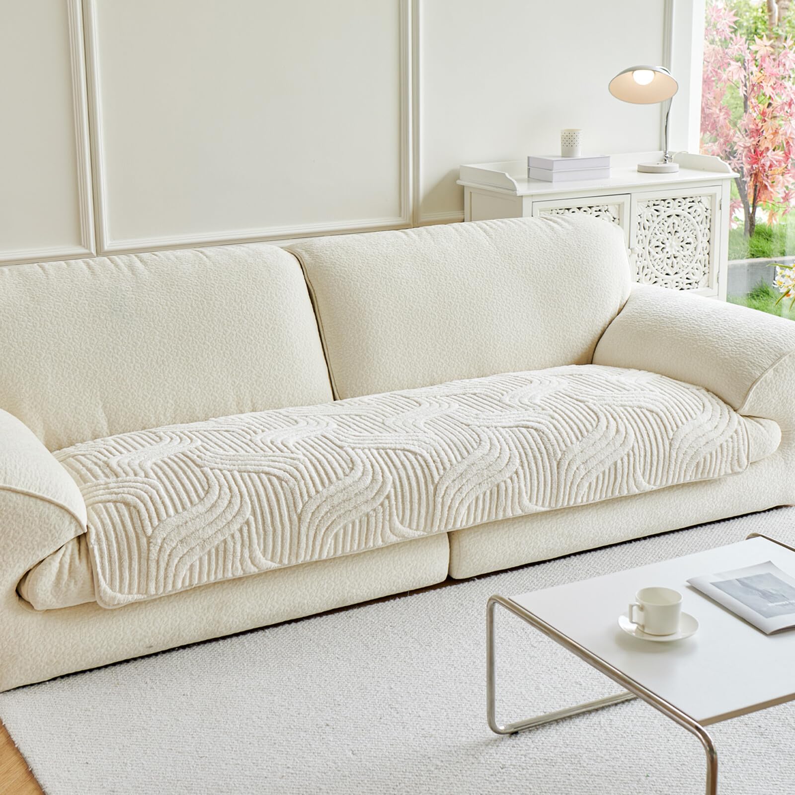 Lorvexis Washable Couch Cover for Sectional Sofas - Non-Slip, Thick Fuzzy Soft Dog Boho Couch Protector, Pet-Friendly Loveseats Slipcover, Plush Fluffy Blanket Cover (Beige, 36"x95"/1pc)
