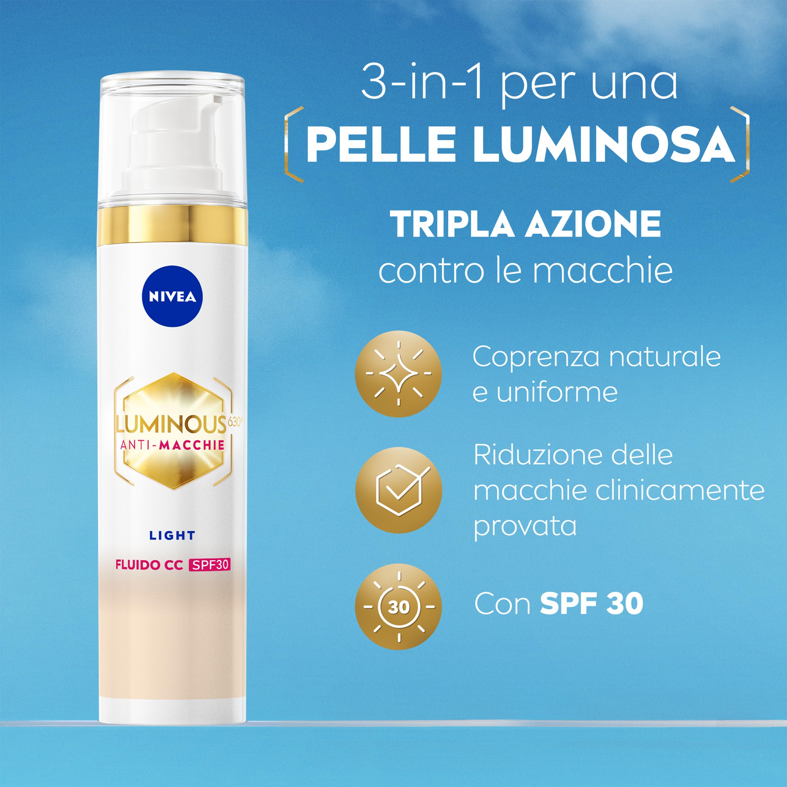 NIVEA Luminous630 Fluido CC Cream SPF 30 3-in-1 Light 40 ml, Crema colorata viso con pigmenti incapsulati e tripla azione anti-macchie, Crema antimacchie viso con Acido Ialuronico e Thiamidol