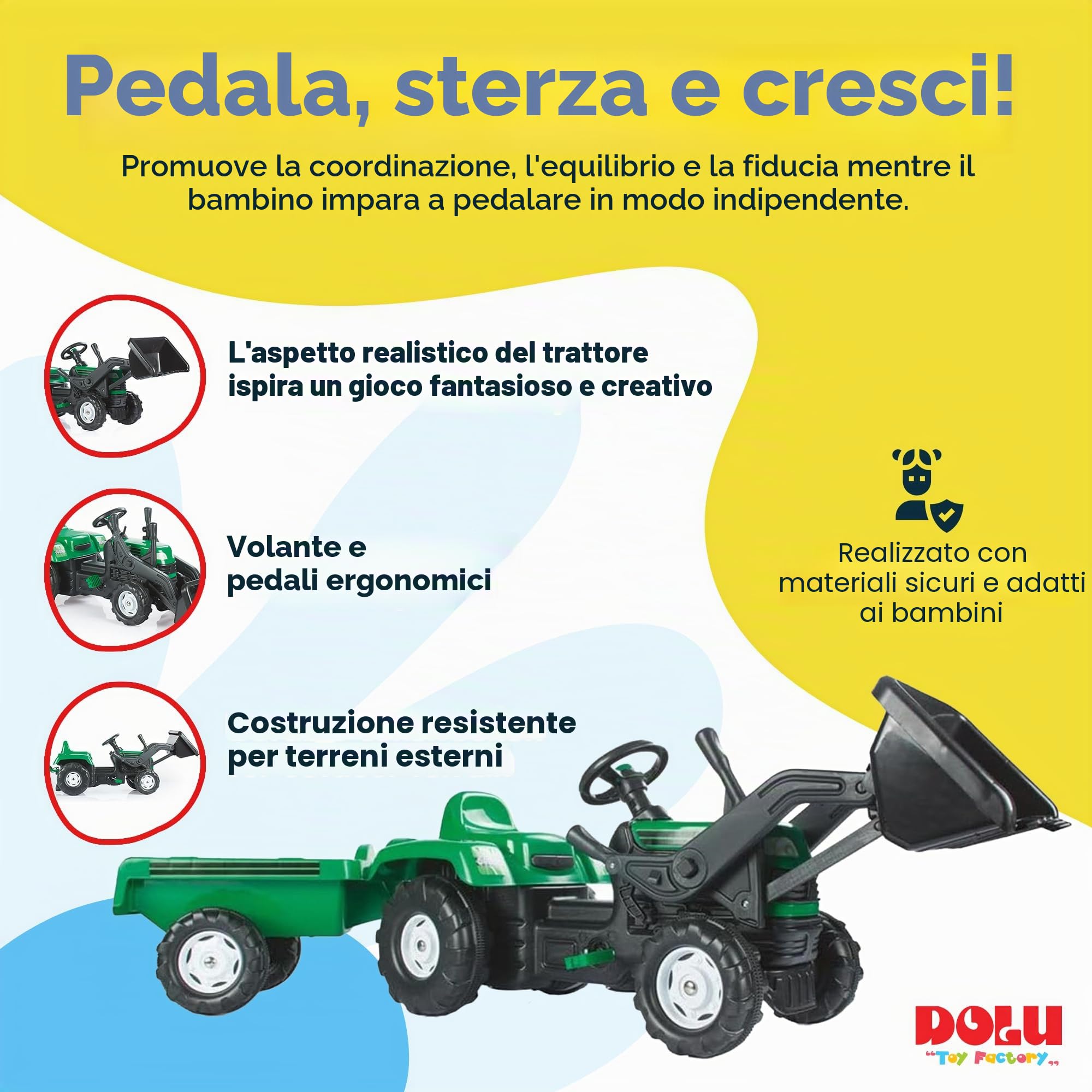 Dolu Trattore a Pedale con rimorchio ed Escavatore - Verde